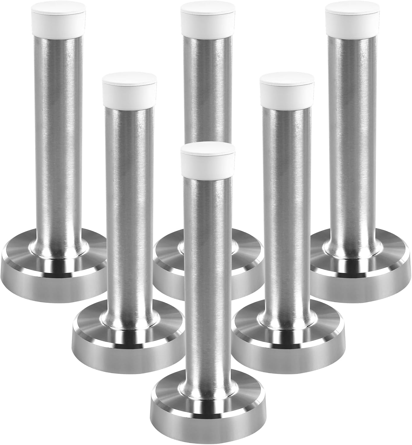 Chrome heavy-duty wall mounted door stop set (stainless steel, white rubber) – 6 pack