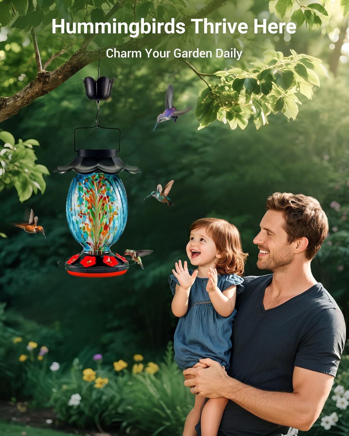 Detalle 2 de HouseSapp Solar Hummingbird Feeder (49 fl. oz) — Color-Changing Hand-Blown Glass, 7 Feeding Ports, Never Leak