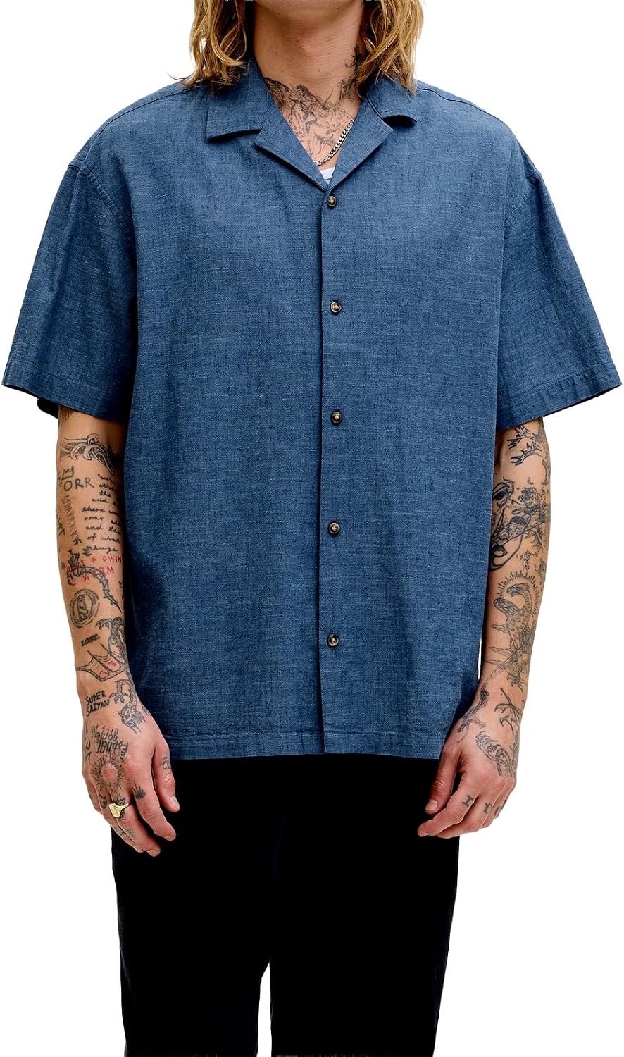 Detalle de JACK & JONES Shirt Jjesummer Linen Blend Resort – Camicia estiva da uomo, taglio lungo