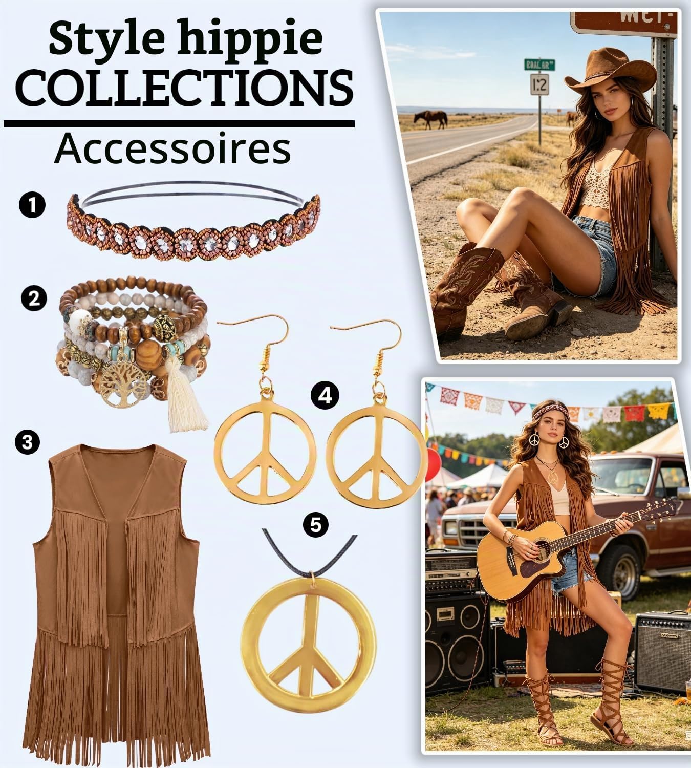 Detalle 2 de Hippiekostuum voor dames met vest met franjes en accessoires