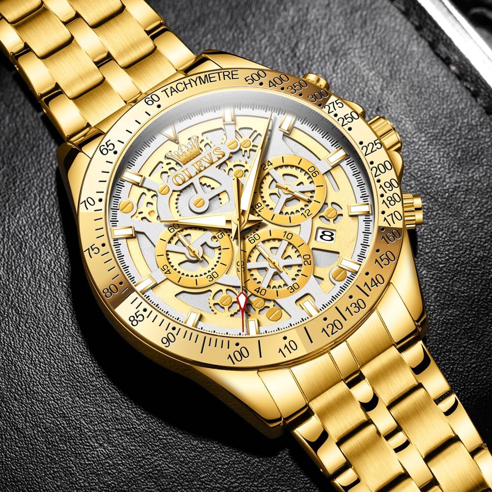 Detalle de OLEVS Herren Skeleton Quarz Business-Uhr mit Edelstahlband, 3ATM wasserdicht – skeleton Look