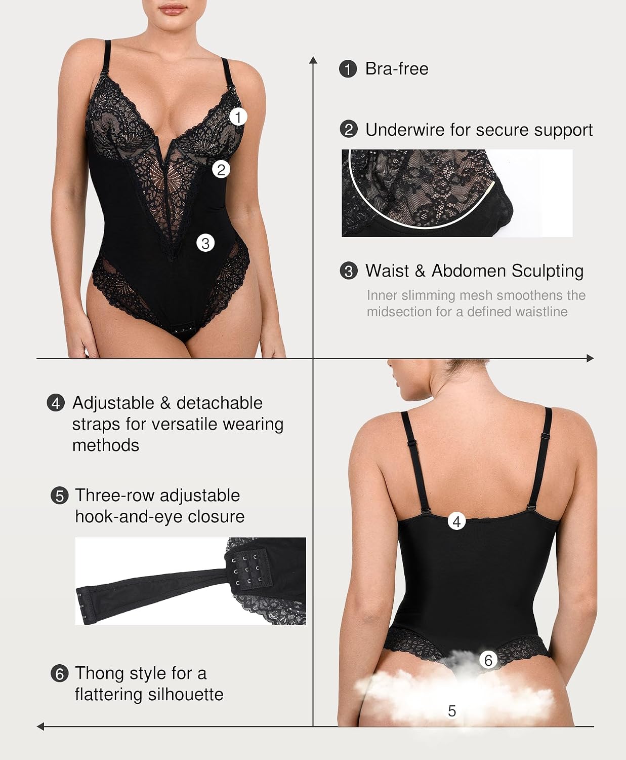 Thumbnail 2 de Popilush Lace Corset Bodysuit for Women, Underwire, Deep V, Low Back