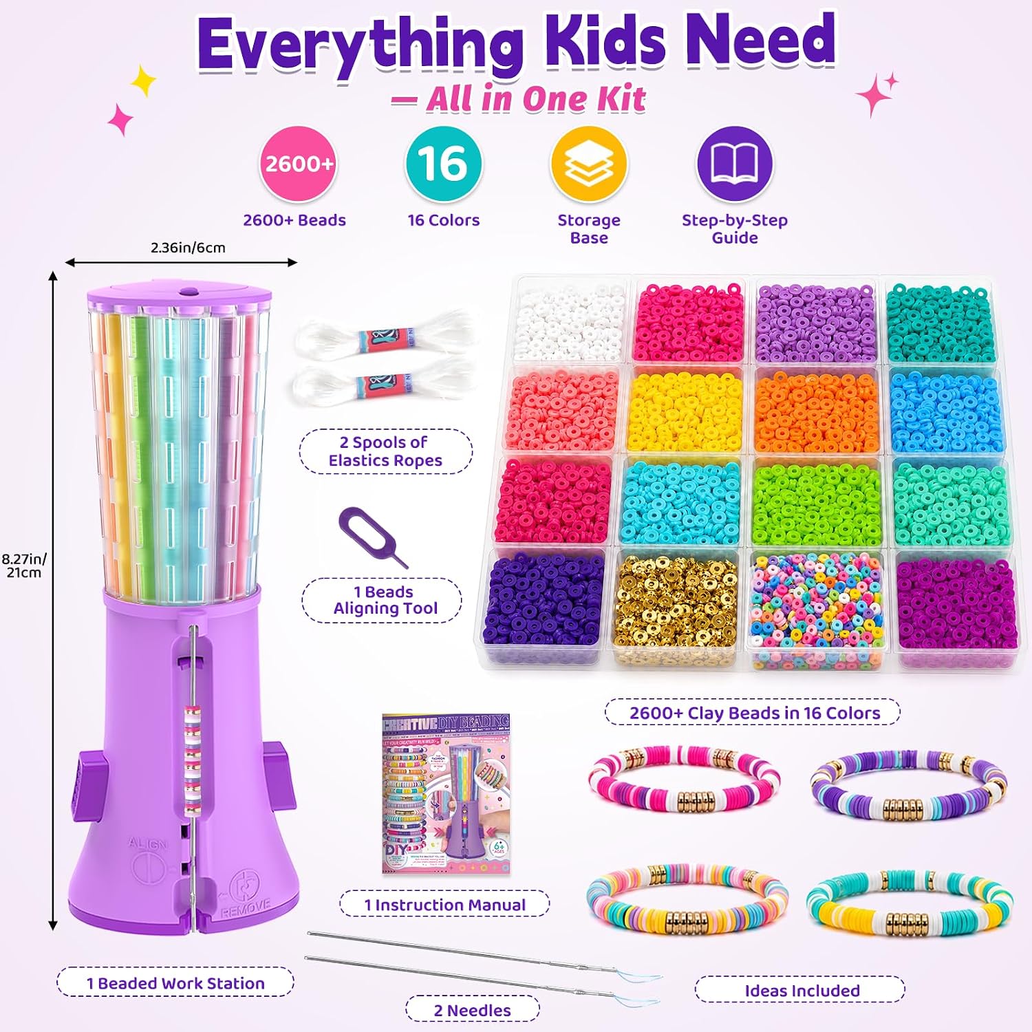 Detalle de Fozcmisw Machine à bracelets enfant — kit créatif 2600+ perles, 16 couleurs, plateau tourneur pour 6–12 ans