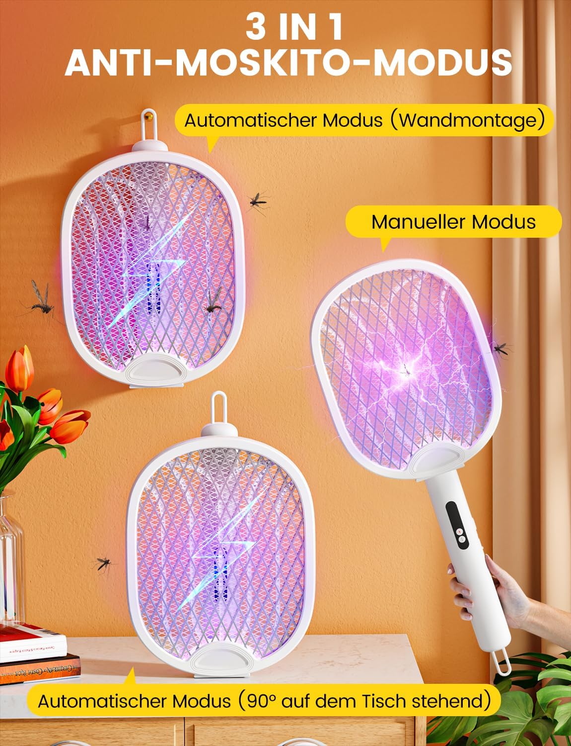 Thumbnail 4 de ZOVHYYA Elektrische Fliegenklatsche 4000 V – USB-C Akku, Weiß (1800 mAh)