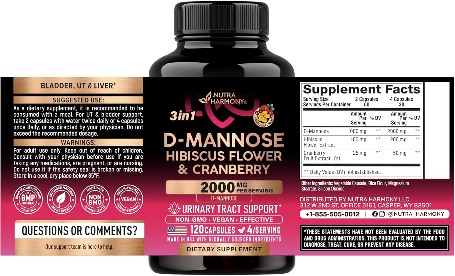 Detalle 2 de NUTRAHARMONY NH-DMANSCPS120 D-Mannose Capsules, 2,000 mg with Cranberry