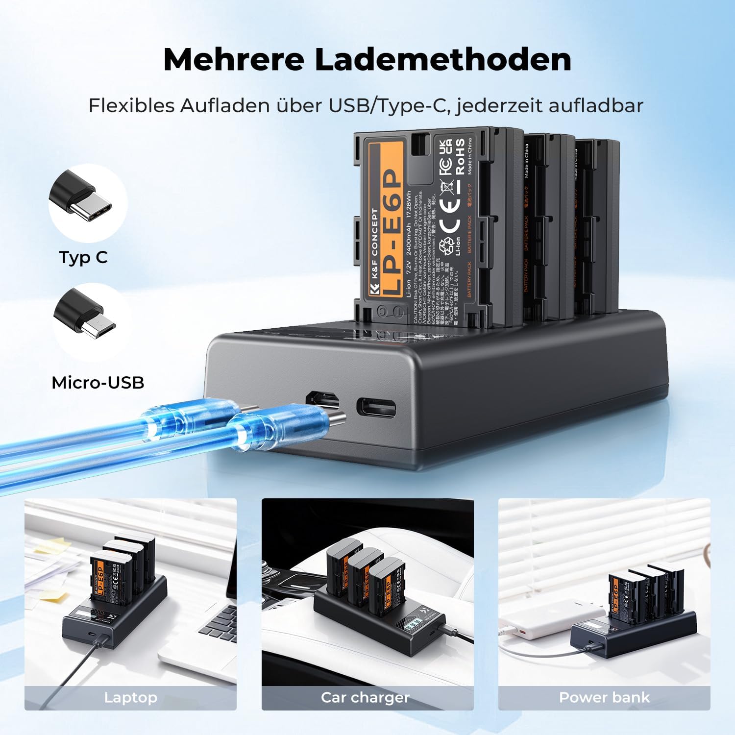 Detalle de K&F CONCEPT LP-E6P Akku 3er Pack mit 3-Slot Ladegerät – 7200 mAh Backup-Lösung für Canon-Modelle