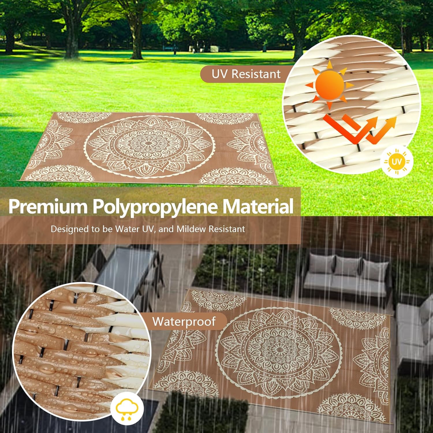 Thumbnail 3 de Famibay Large Outdoor Rugs (180x270cm) – Waterproof Reversible Plastic Straw Style Rug for Patio, Balcony & Picnic