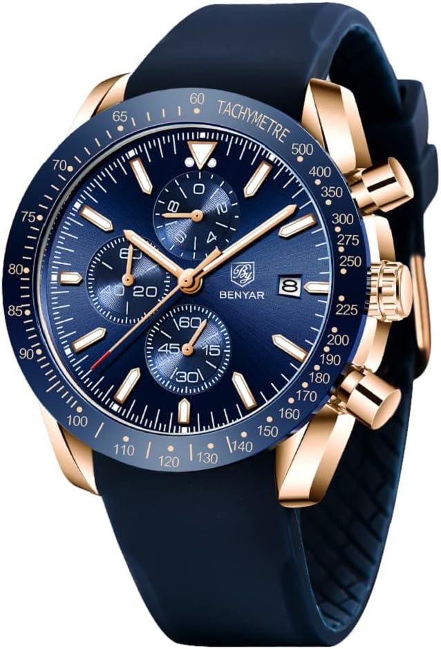 Detalle de BENYAR Herrenuhr Analog Quarz Chronograph – 45 mm, 3 Hilfszifferblätter, Datum, Silikonband, Wasserdicht bis 3 ATM