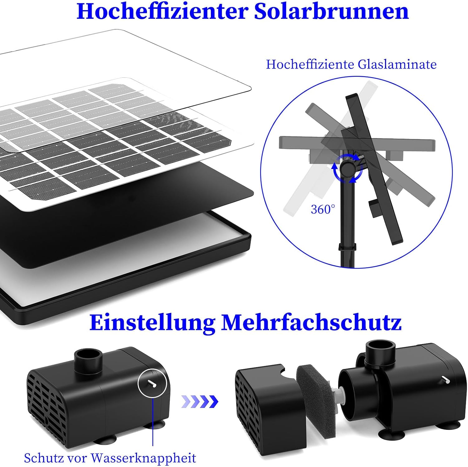 Thumbnail 6 de SUJFEE Solar-Springbrunnen für außen mit LED, 8 W, Akku und Fernbedienung