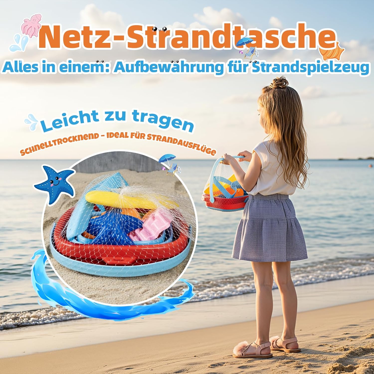 Thumbnail 2 de TUNISE Sandspielzeug-Set für Kinder mit klappbarem Silikoneimer, Schaufel, Rechen, Förmchen & Netztasche