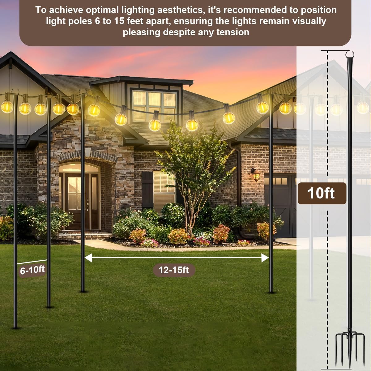 Detalle de HoldOneLight 6 Pack 9.8FT heavy duty metal outdoor light poles with ground stake & fork hooks