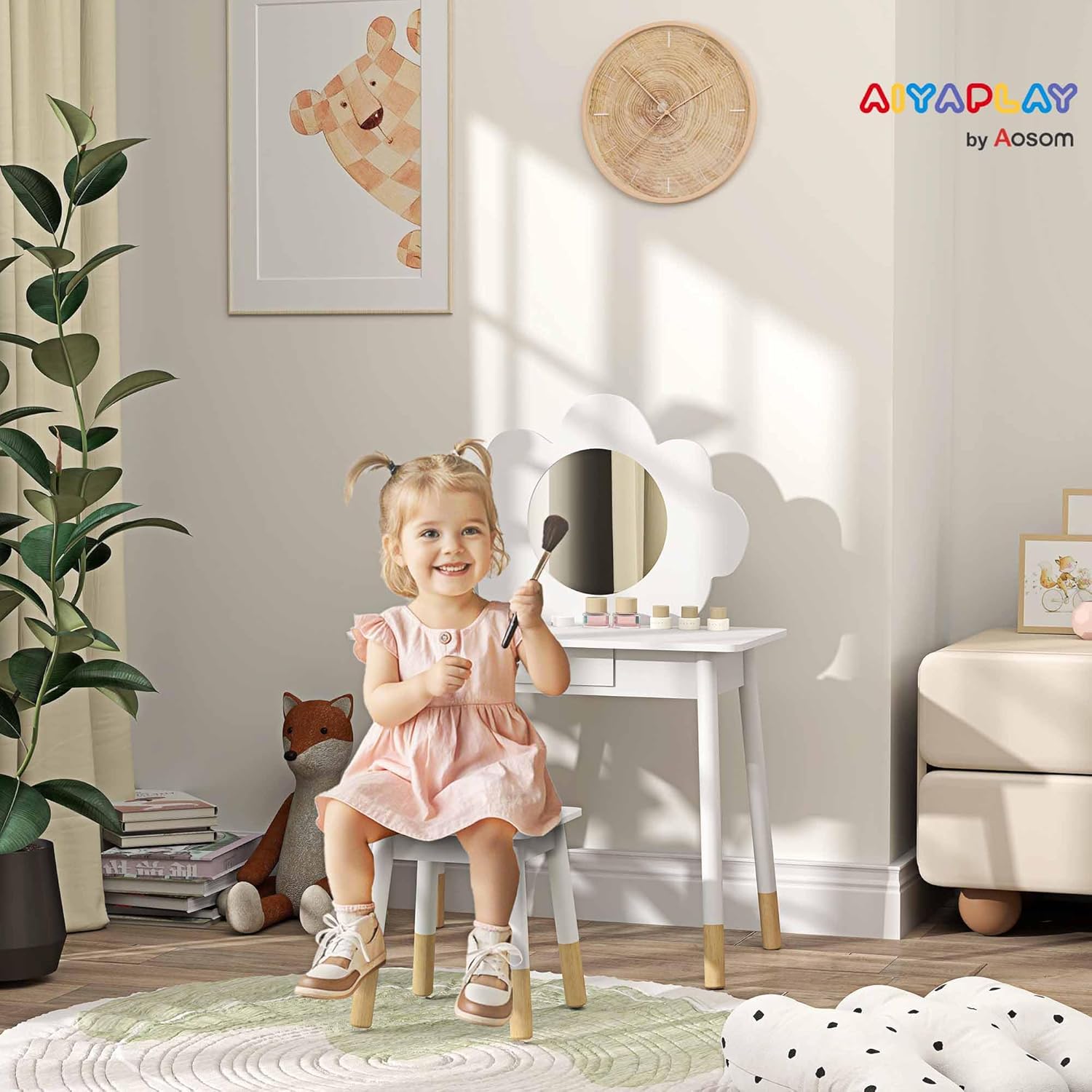 Thumbnail 1 de AIYAPLAY Ensemble coiffeuse enfant 2 pièces avec tabouret et miroir nuage (blanc) pour 3 à 6 ans