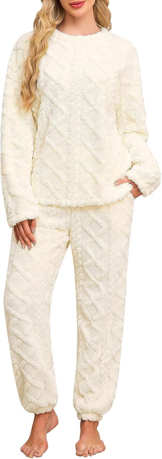 Detalle de Niwicee Pijama Mujer Invierno Polar: Conjunto 2 Piezas en Beige, Talla S
