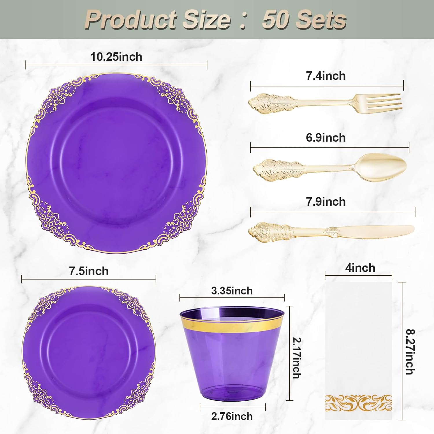 Thumbnail 1 de Bestluck 350PCS Clear Purple Plastic Plates Set for 50 Guests with Gold Trim
