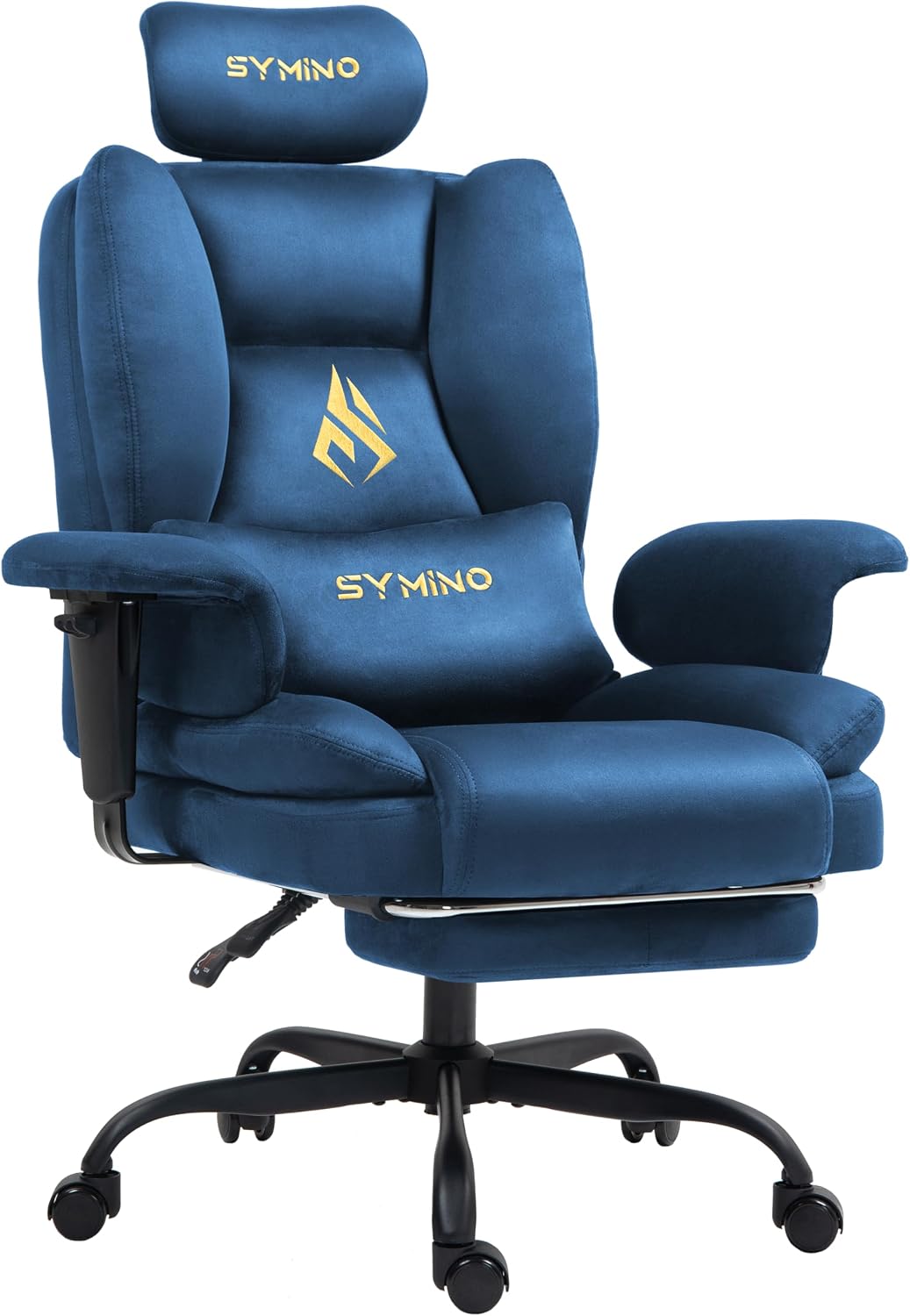Detalle de Symino SF01 gamingstoel met suède bekleding, voetensteun en kantelfunctie