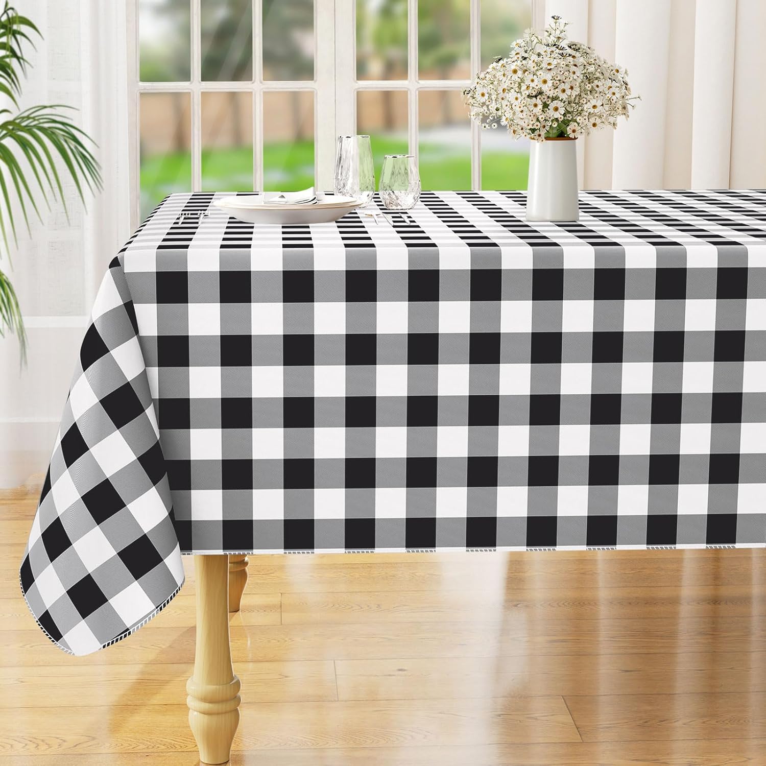 Detalle de misaya Square Waterproof Vinyl Table Cloth with Flannel Back, Black and White (54 x 54 in)