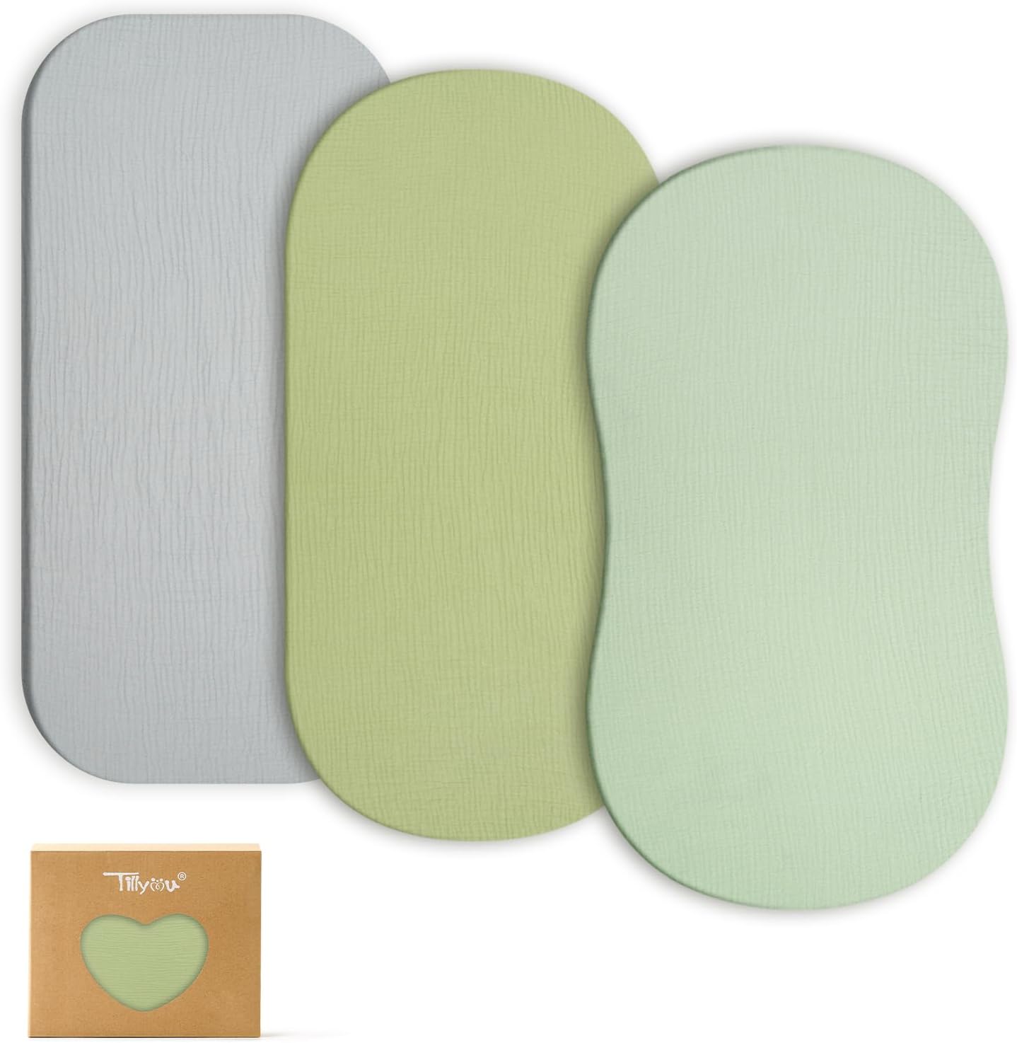 Detalle de TILLYOU Musselin Spannbettlaken 2er Set 60x120 cm – 100% Baumwollmusselin, elastisch, grau und blau