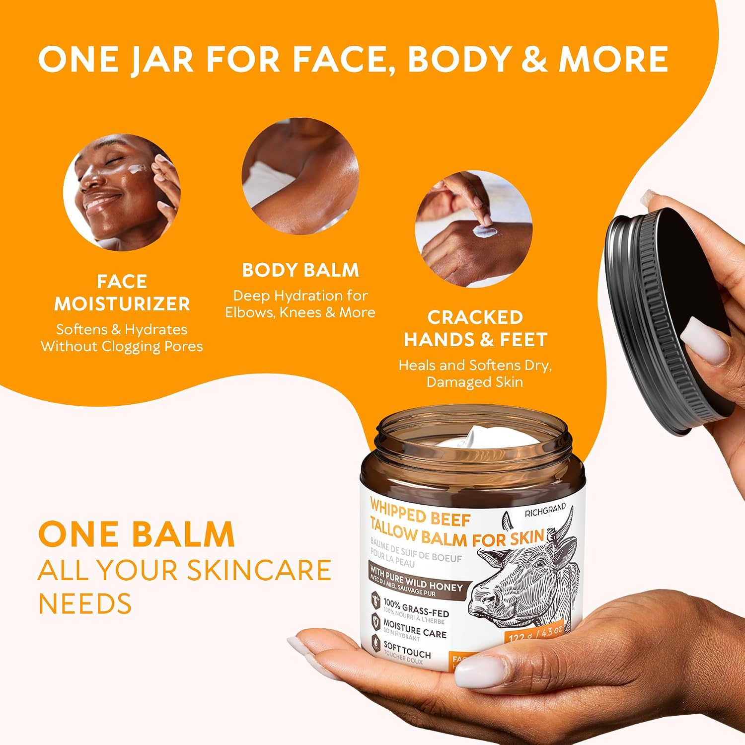 Detalle de RICHGRAND Beef Tallow Moisturizer Whipped Honey Balm for Face and Body