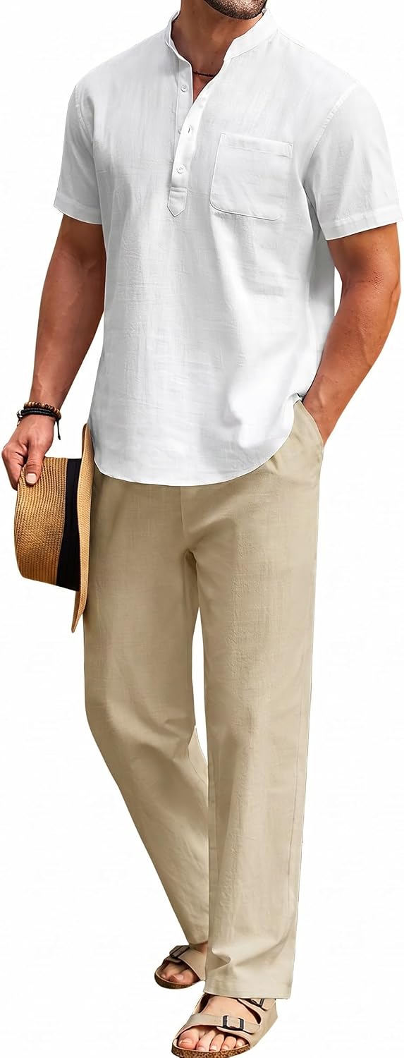 Detalle de COOFANDY Men's 2 Pieces Cotton Linen Set: Casual Henley Shirt + Beach Pants