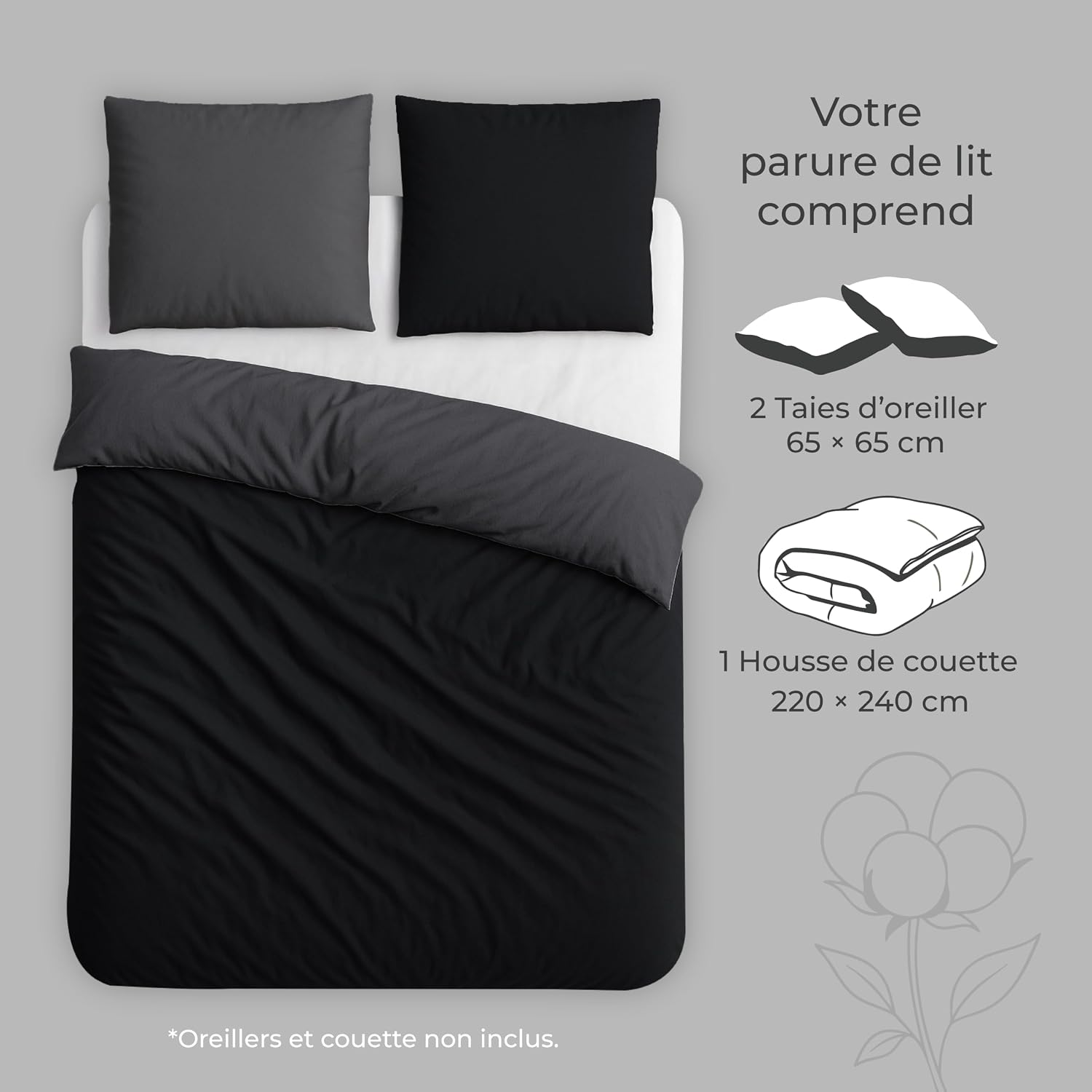 Thumbnail 6 de Dreamzie Housse de couette 200x240 réversible en coton noir (parure 3 pièces, Oeko-Tex)