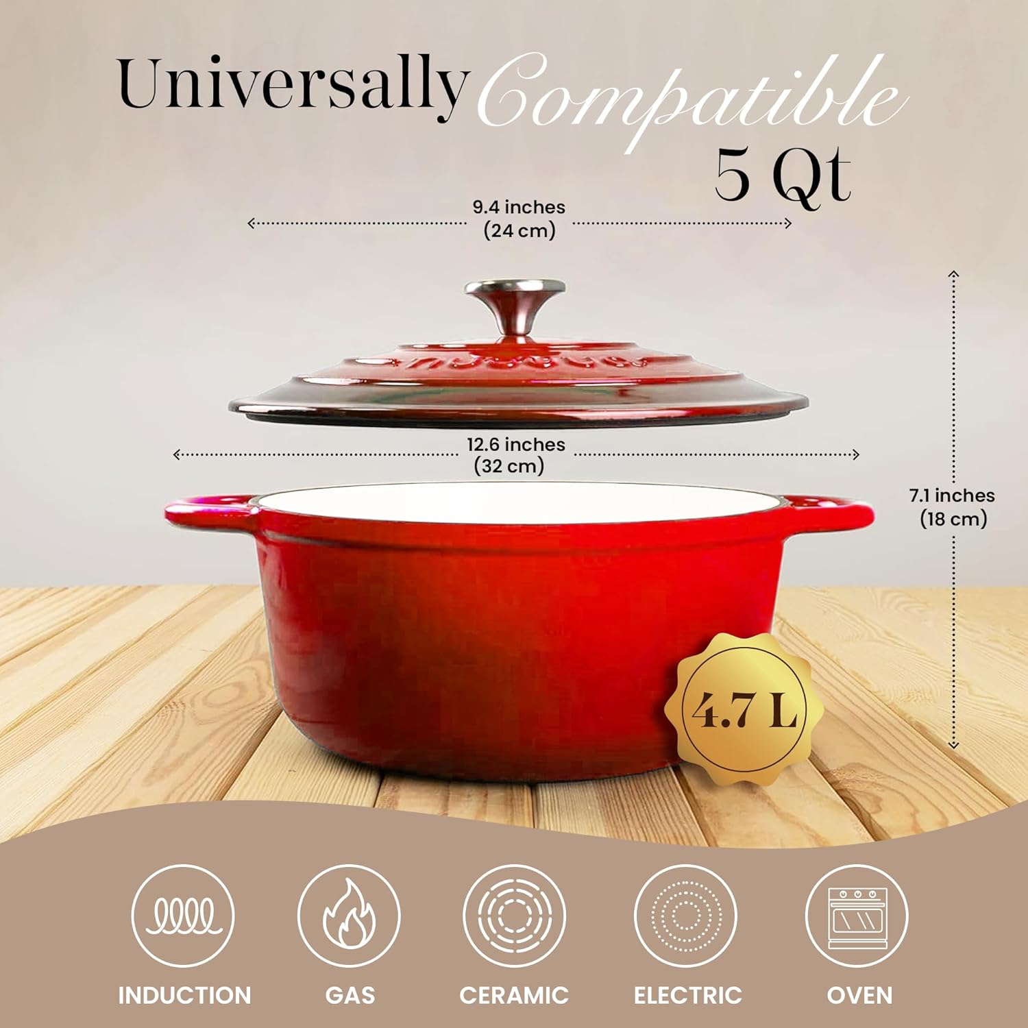 Thumbnail 1 de Nuovva 5-Quart Red Cast Iron Pot with Lid (Enamel Non-Stick Ovenproof Casserole) – Oven Safe up to 500°F, 24cm
