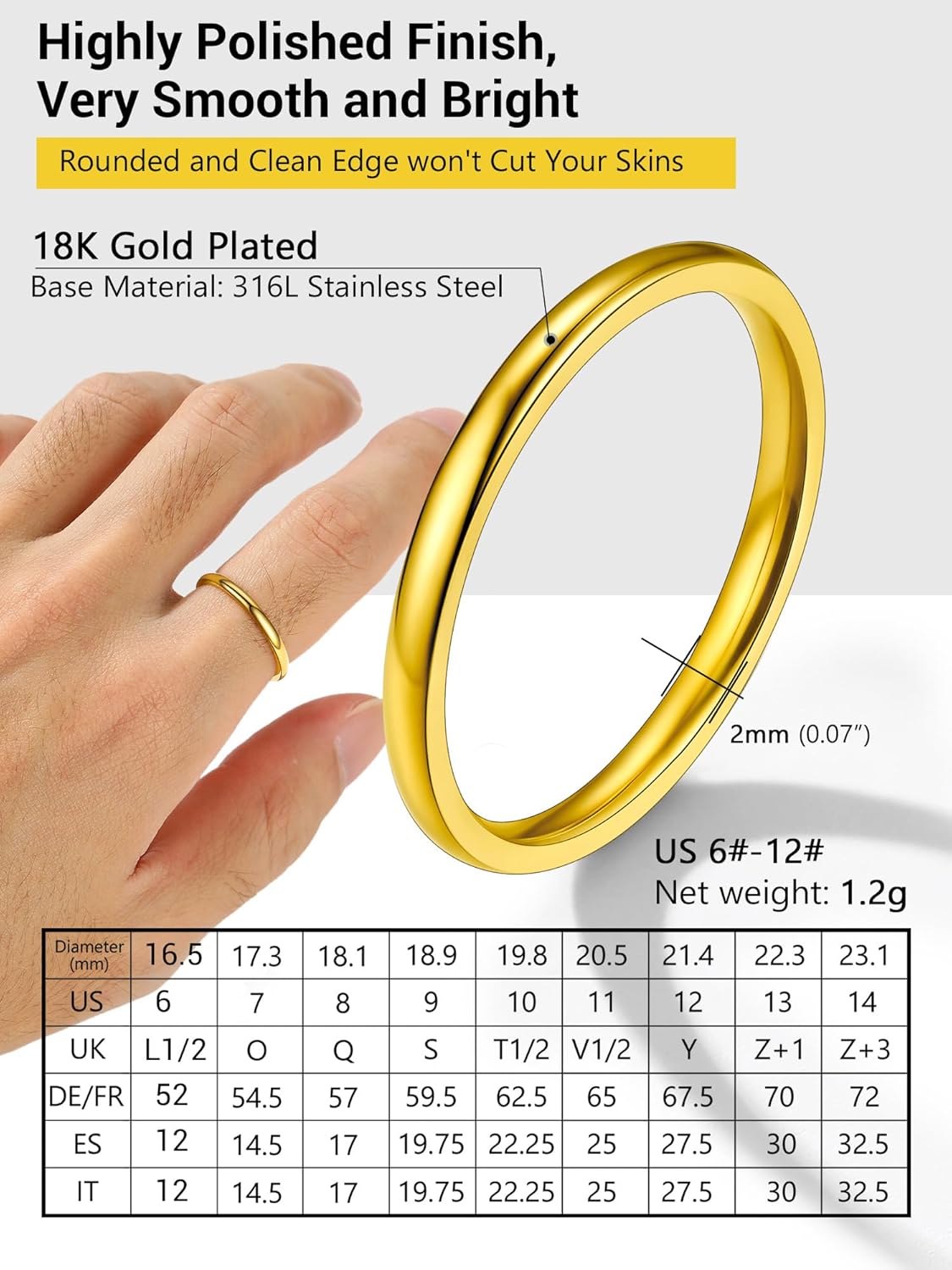 Thumbnail 4 de PROSTEEL Bague simple en acier inoxydable 316L plaqué or jaune 18k pour homme et femme