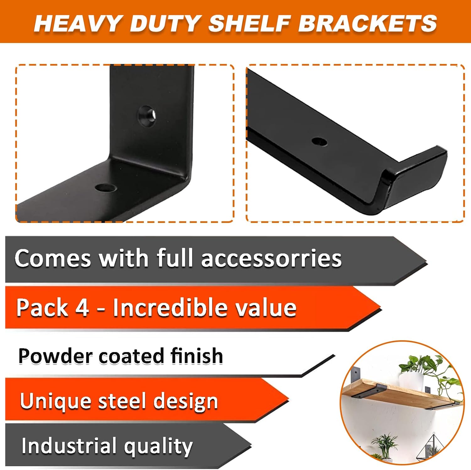 Thumbnail 3 de MLOQI 4 Pack Scaffold Board Shelf Brackets with Lips, 5mm Heavy Duty L Wall Brackets for Shelves (Black)