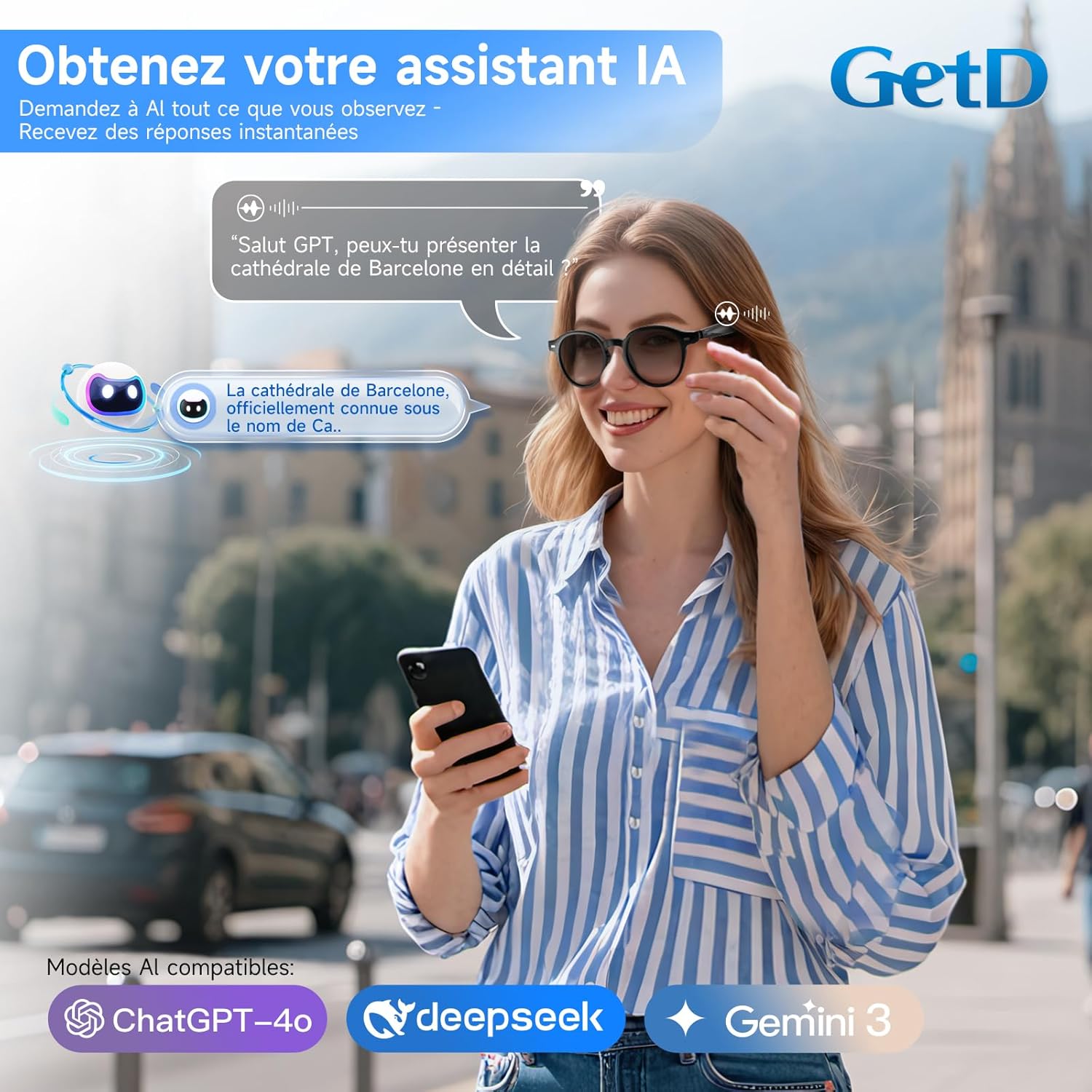Thumbnail 3 de GetD Lunettes AI Intelligentes: lunettes 3 en 1 avec audio Bluetooth et Assistant AI