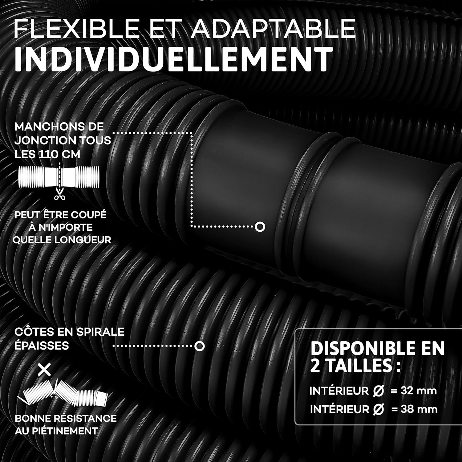 Thumbnail 2 de Tillvex Tuyau piscine avec manchons, noir, 20 m / 32 mm – pour pompe, aspirez et chauffage solaire