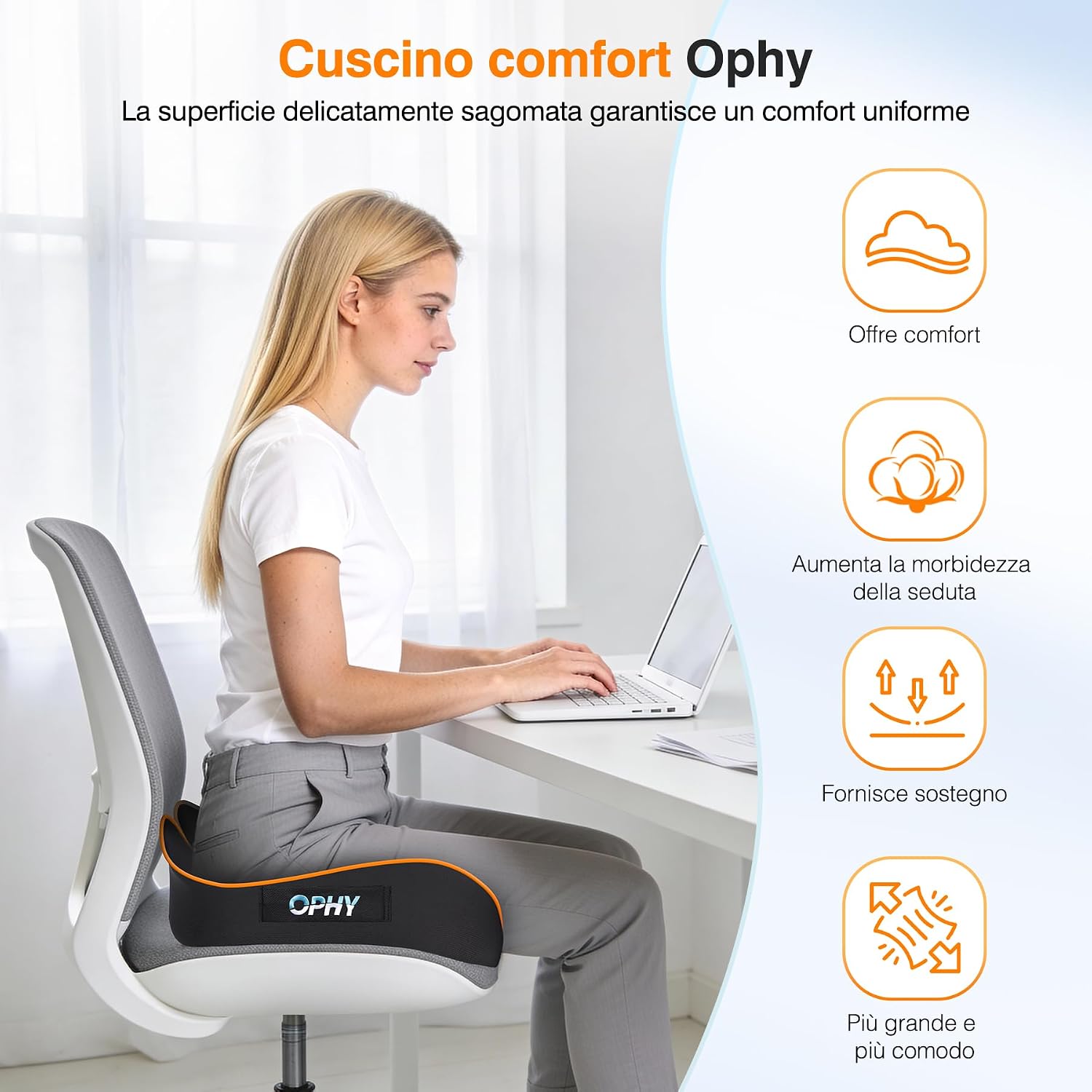Detalle 2 de Ophy Cuscino Sedia Ufficio: Memory Foam per comfortevole seduta su scrivania, auto e viaggio