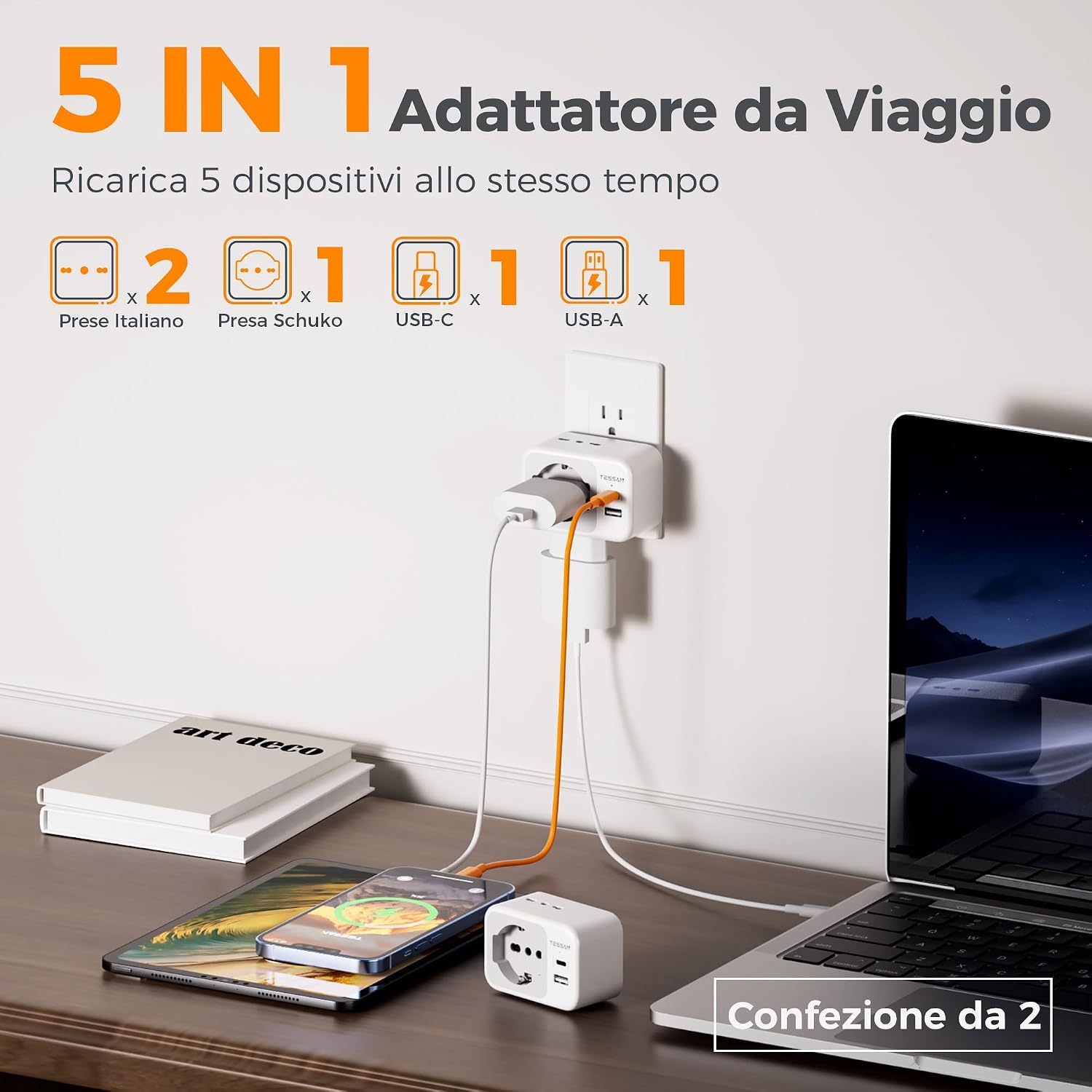 Thumbnail 4 de Adattatore Presa Americana Italiana 5 in 1 in Pack da 2 — USB-C e USB-A, 1875 W, uso internazionale
