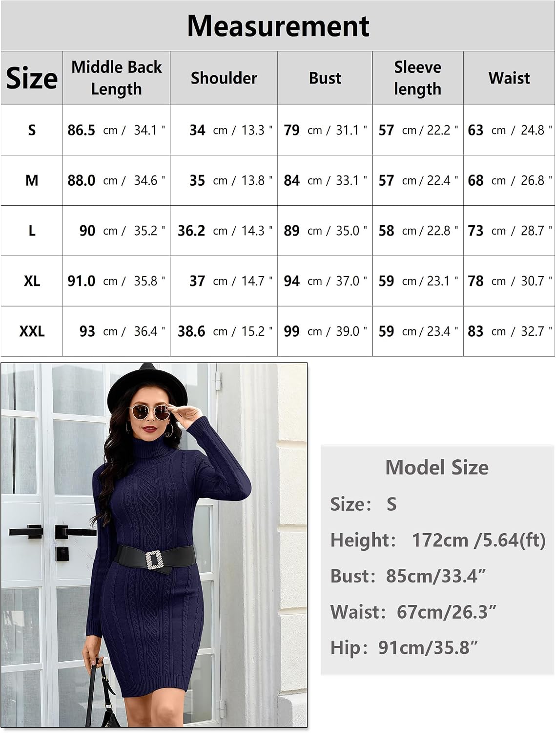 Detalle de NB Robe Pull Femme Col Roulé en Tricot – Robe mi-longue, élégante et polyvalente