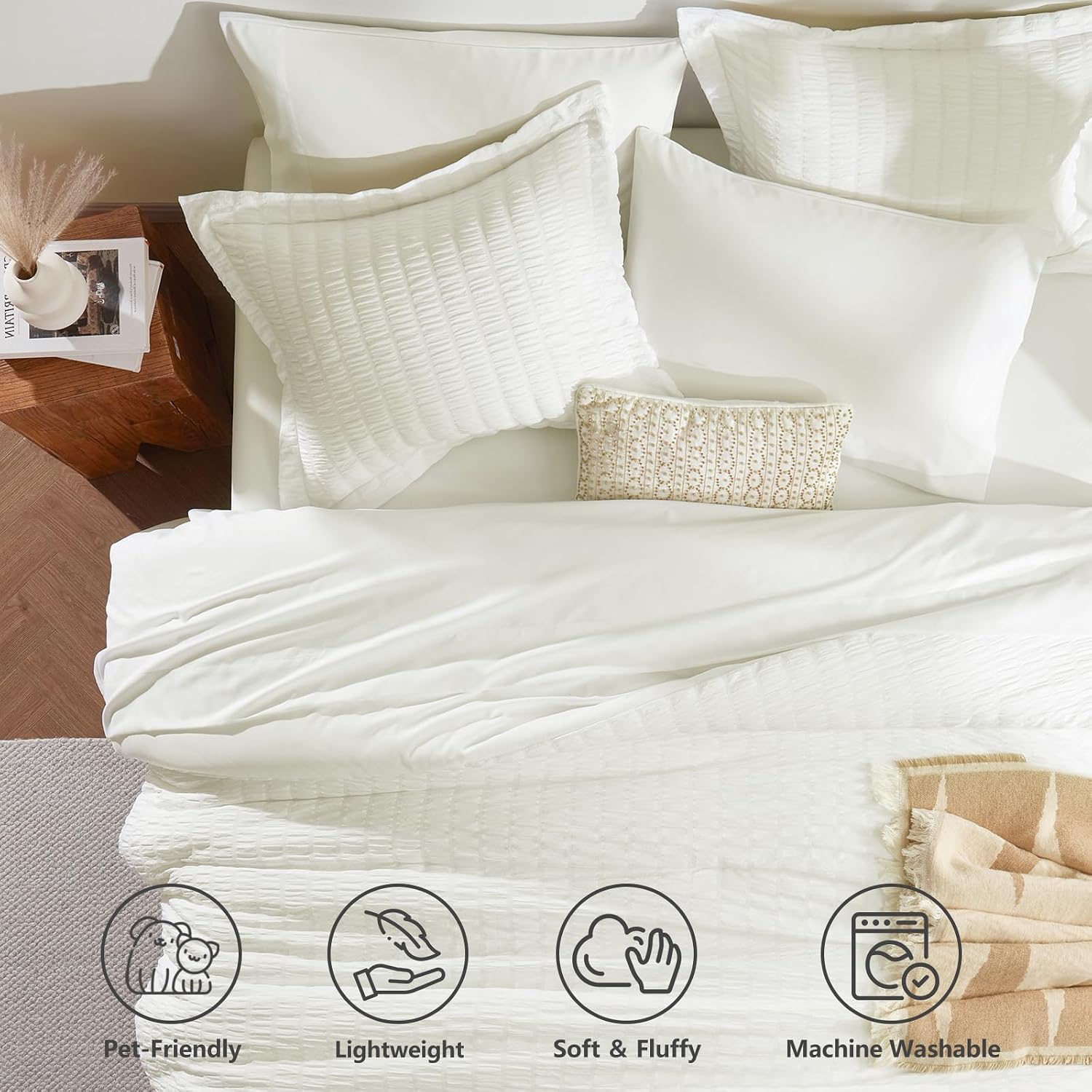 Thumbnail 1 de CozyLux California King Comforter Set with Sheets (7 Pieces) – Ivory Seersucker, Down Alternative Comforter