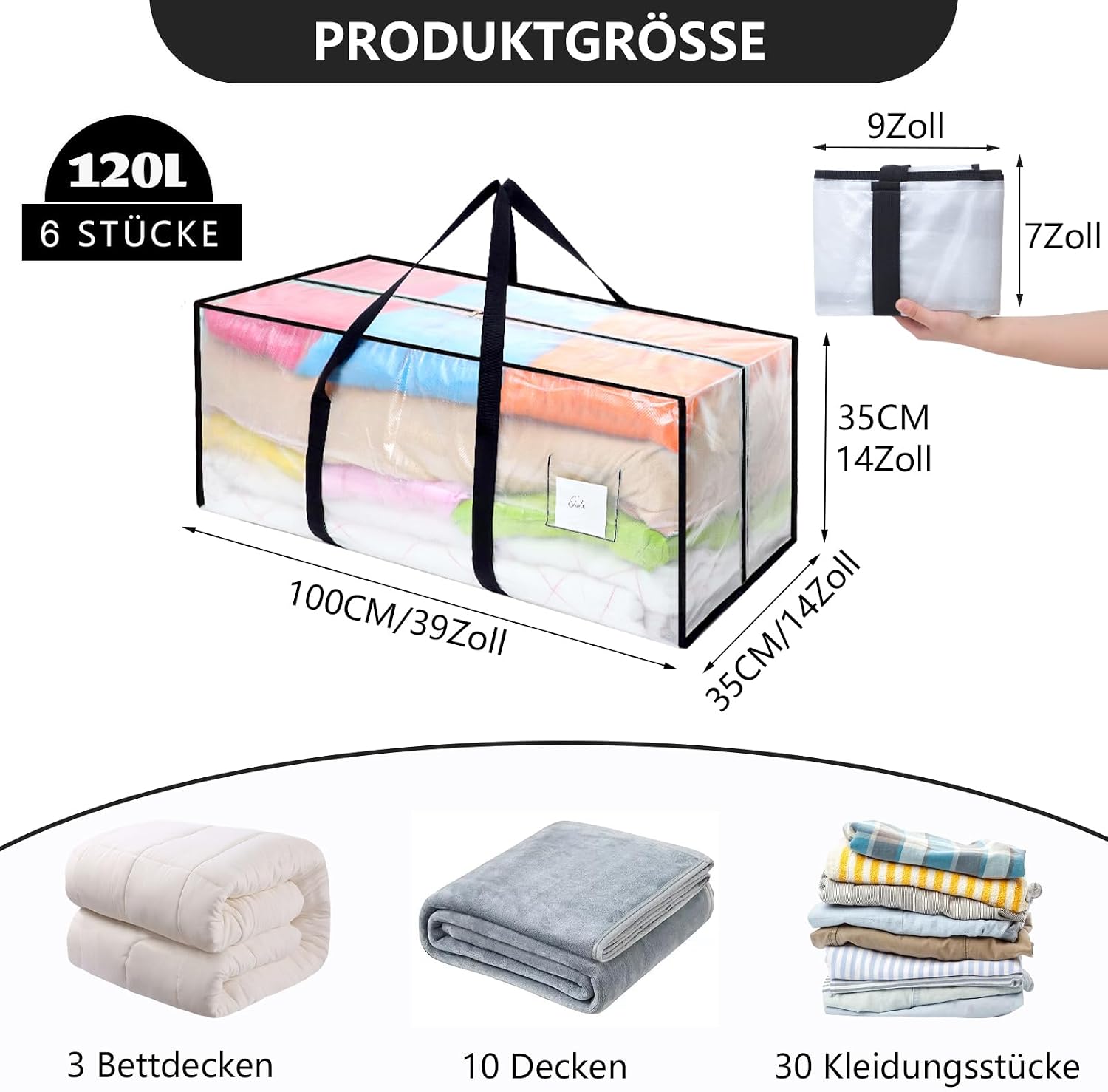 Thumbnail 1 de Dntorx 6er-Set Aufbewahrungstaschen 120L (faltbar, transparent) mit Reißverschluss & Griffen