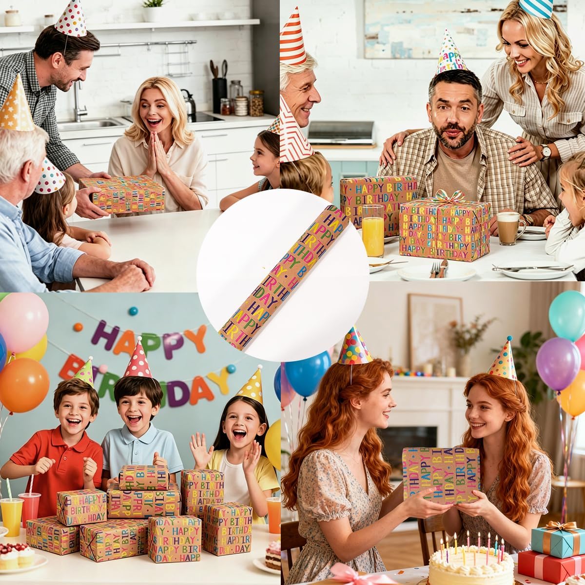 Thumbnail 6 de HBell Birthday Wrapping Paper Roll 43cm x 10m – Kraft card with gridlines and colourful Happy Birthday design