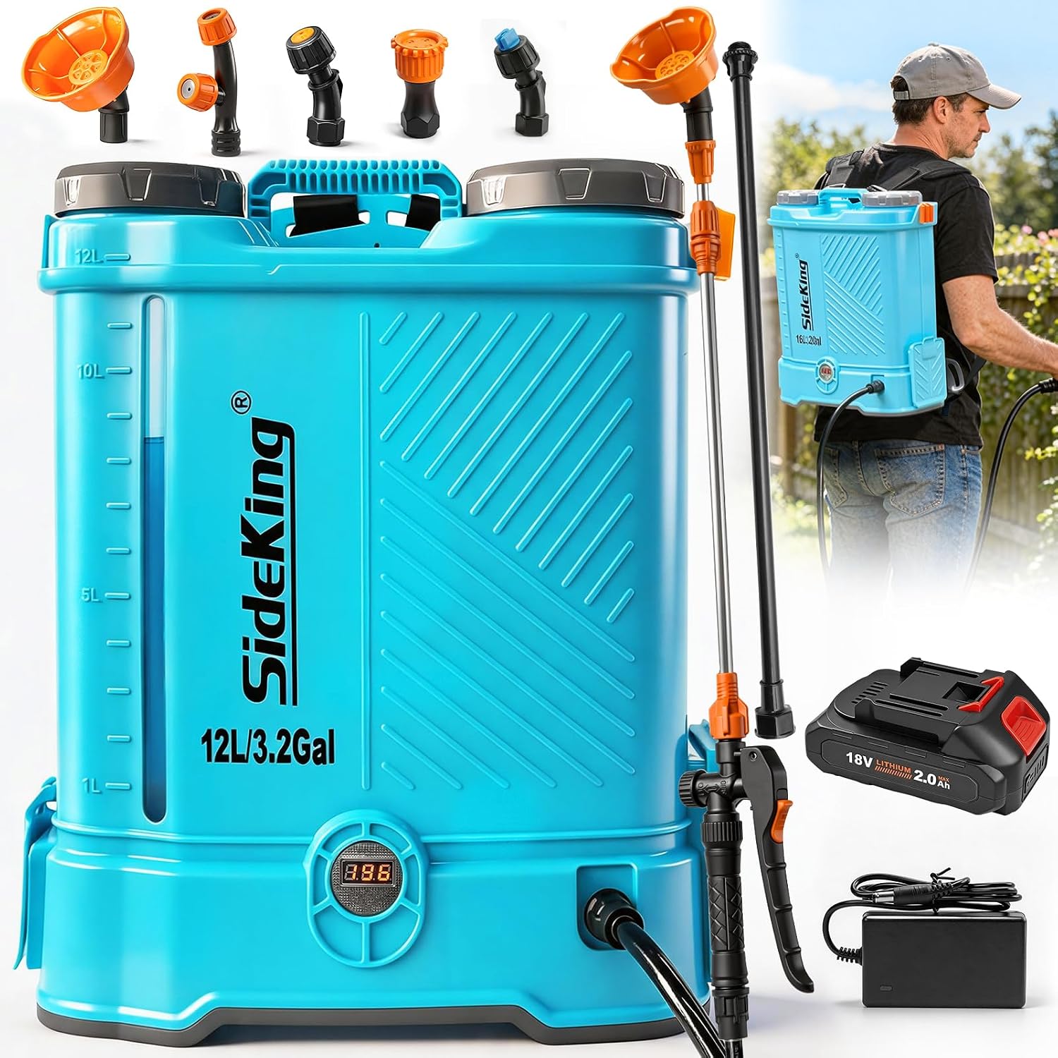 Detalle de SideKing Pulvérisateur à Dos 12L – Électrique 18V, 5,5 Bar, Lance Télescopique et Soutien Lombaire