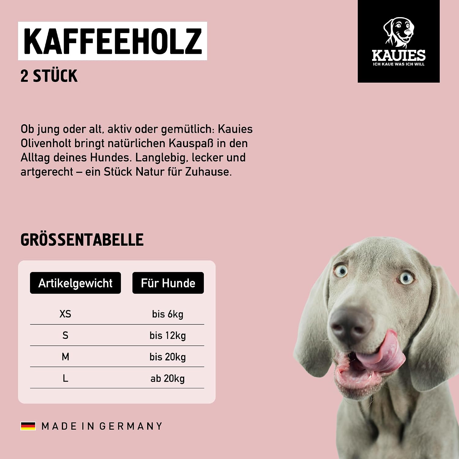 Detalle 2 de Kauies Kaffeeholz für Hunde – natürliches, veganes Kauholz (koffeinfrei & kalorienfrei), 2er Pack Größe L ab 20 kg