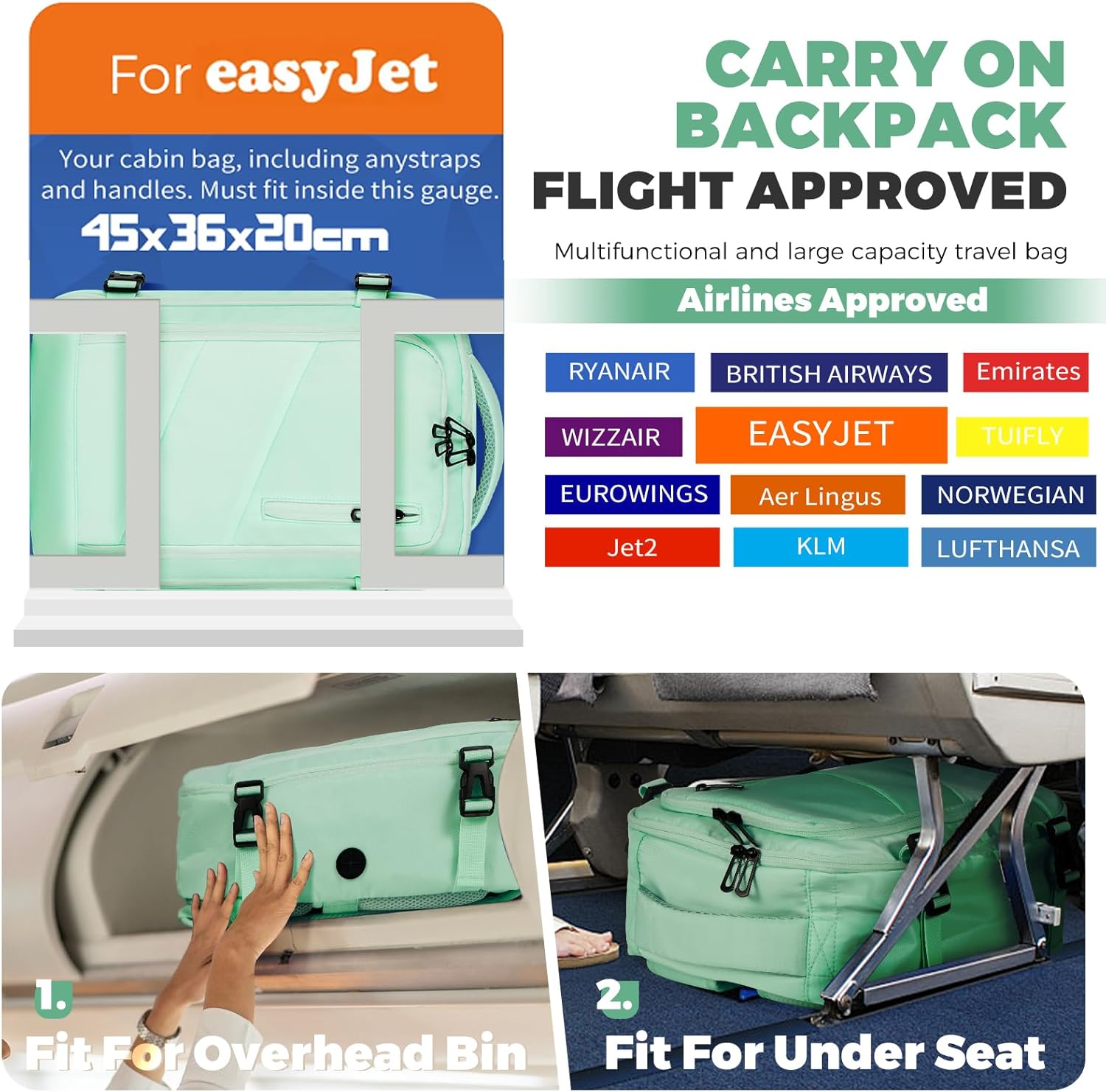 Detalle 2 de Zaino da viaggio per cabine Ryanair – 40×36×20 cm, zaino bagaglio a mano resistente all’acqua