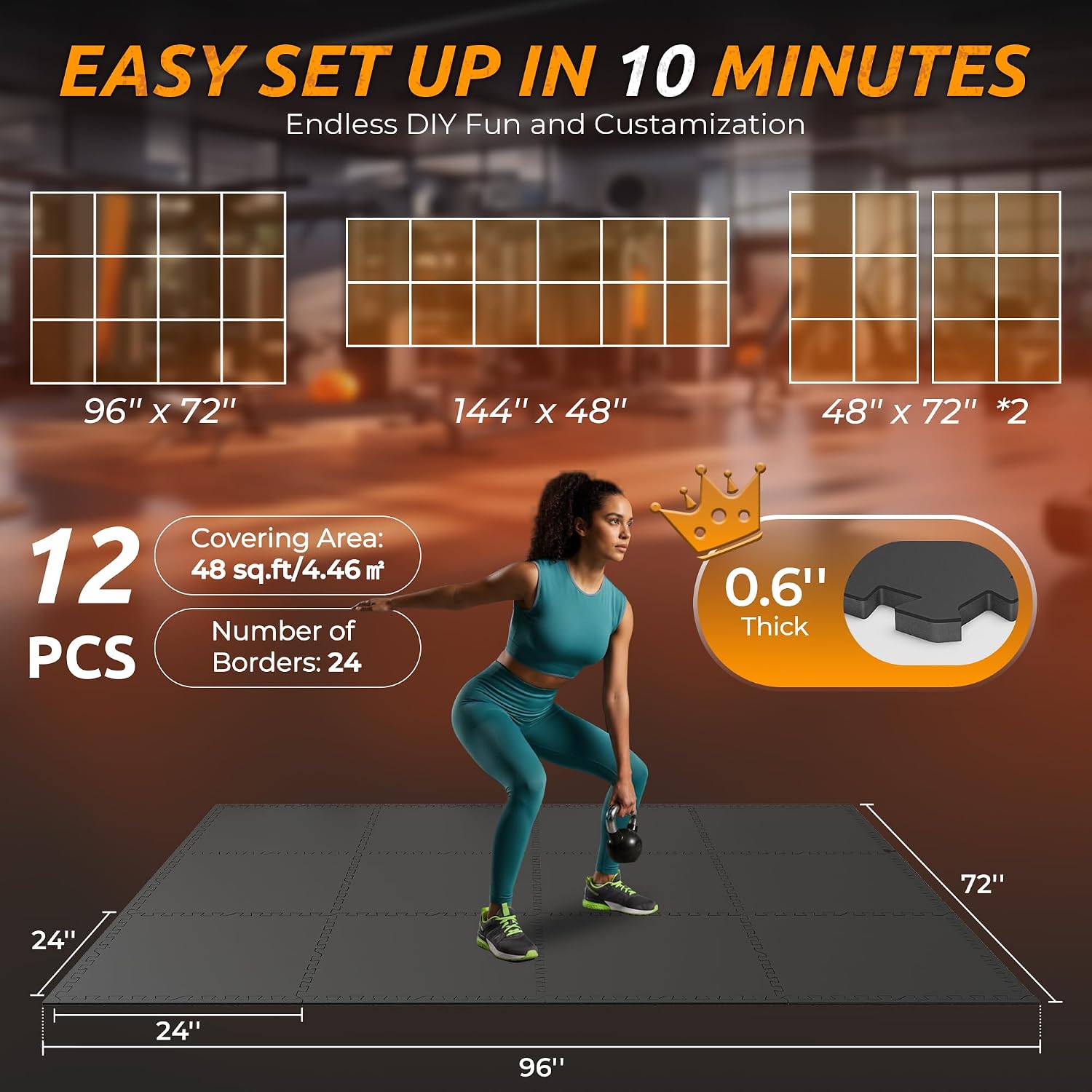 Thumbnail 4 de PRAISUN 0.6" Rubber Top Gym Flooring, 48 sq ft ๐
