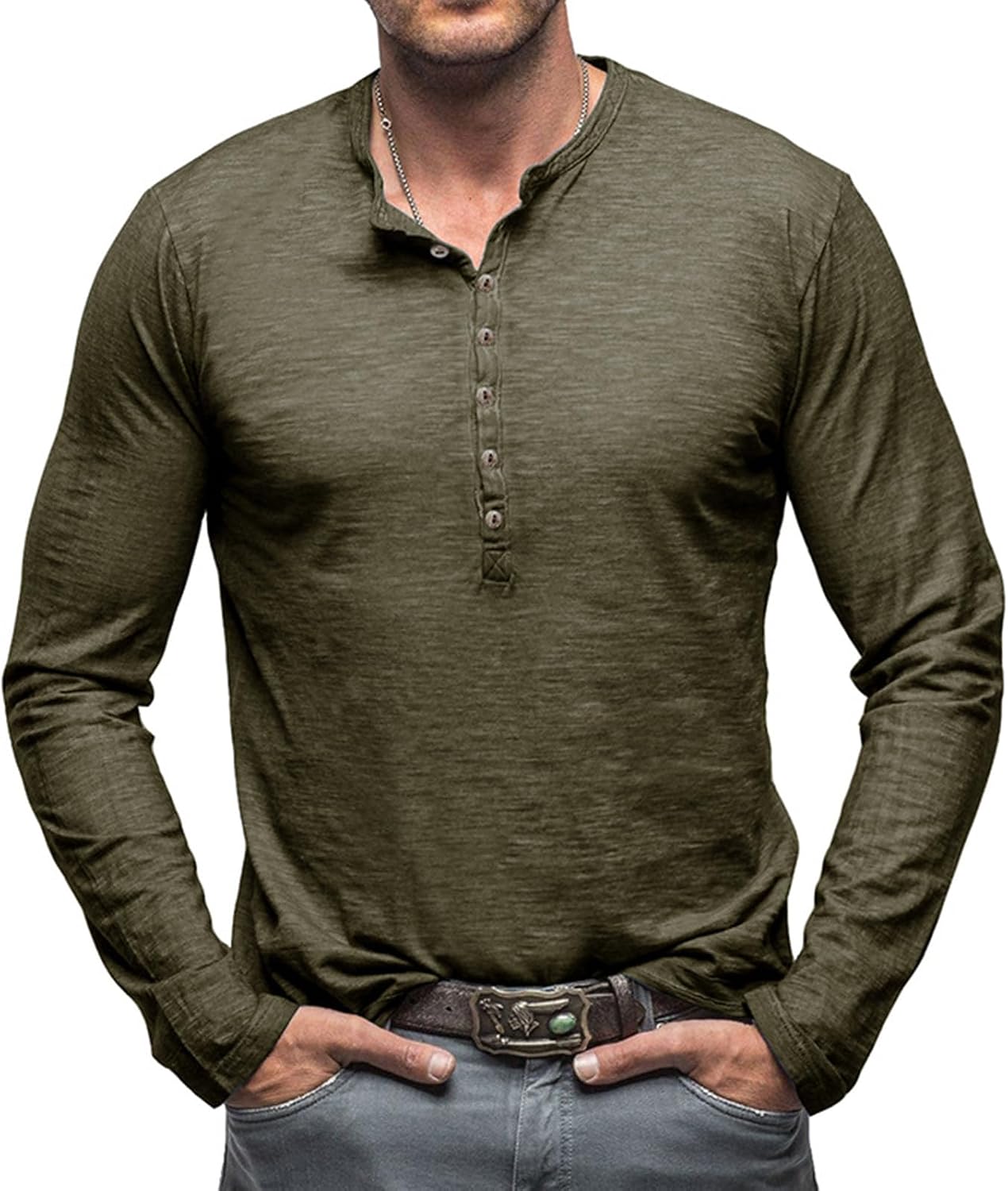 Detalle de Henley Langarm T Shirt Herren – Slim Fit, 8 Knöpfe, Kragenloses Design