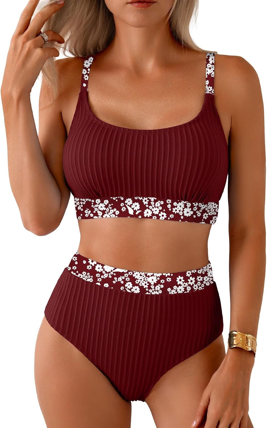 Detalle de Herseas Women's Textured Floral Print High-Waisted Bikini Set with Trim Scoop Neck