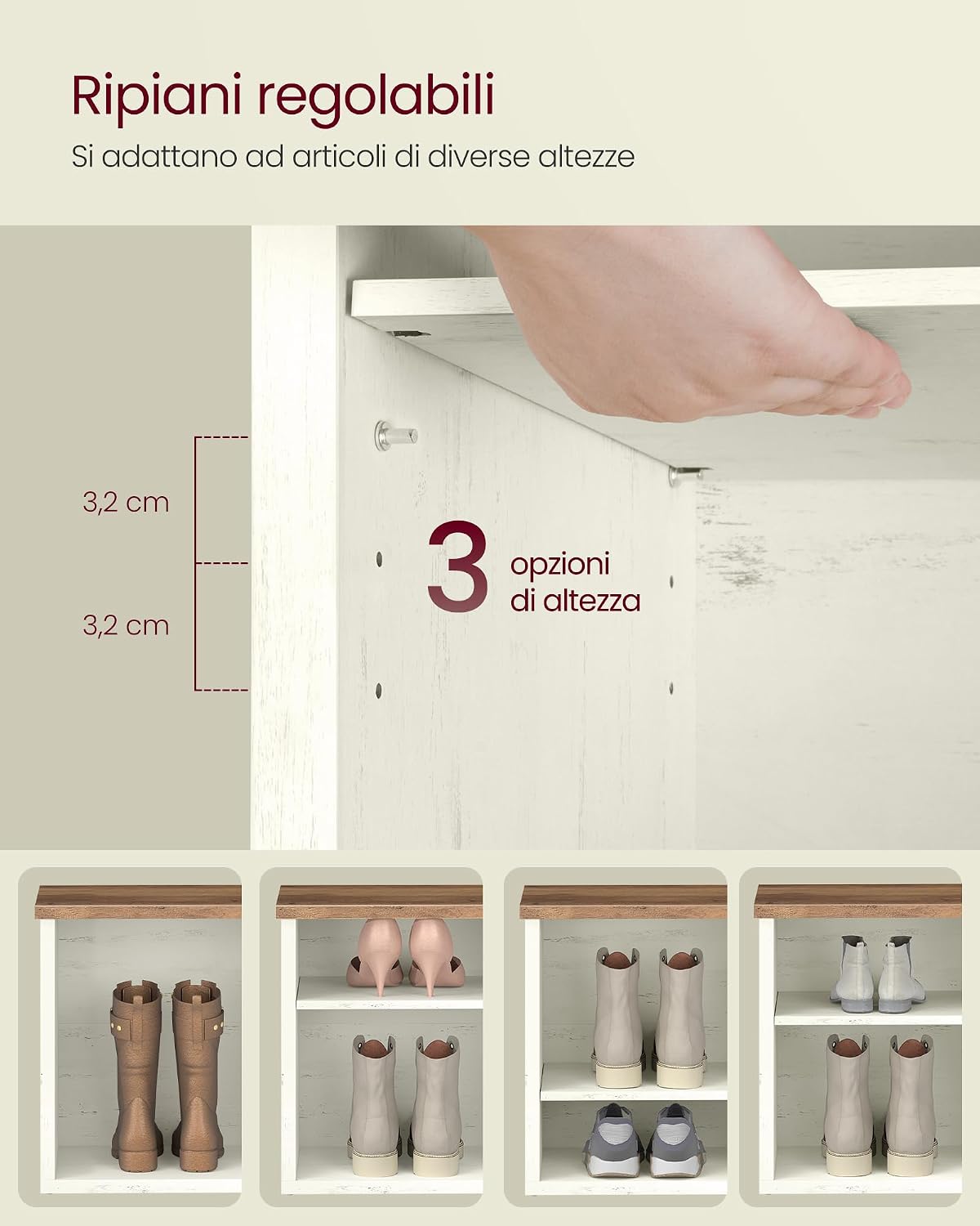 Thumbnail 3 de VASAGLE Panca scarpiera LSB036W02 con 6 scomparti e 6 ripiani regolabili, 100 cm, bianco vintage e marrone miele