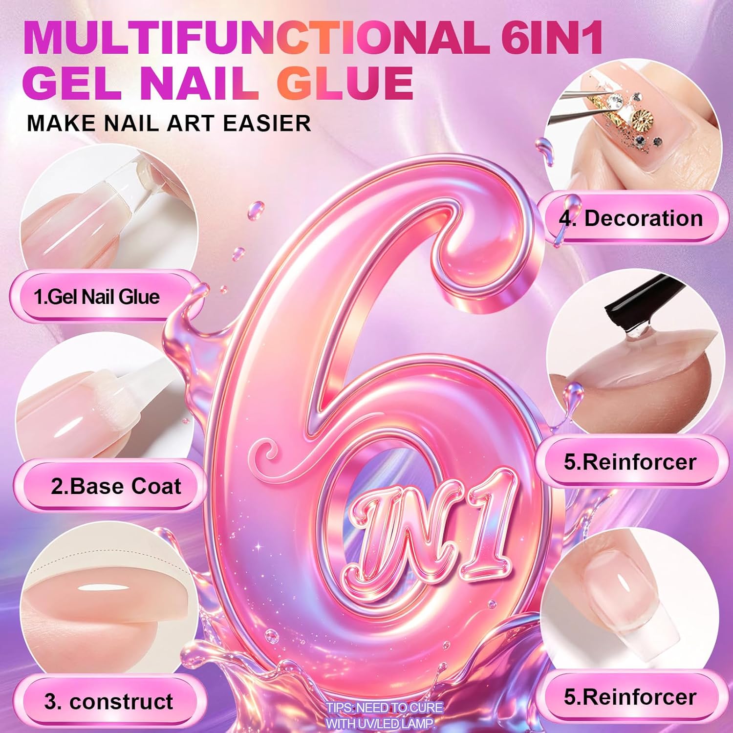 Detalle 2 de 2X8ml Colle Faux Ongles UV 6 en 1 Professionnelle — Colle Capsule Extra Forte et Transparente