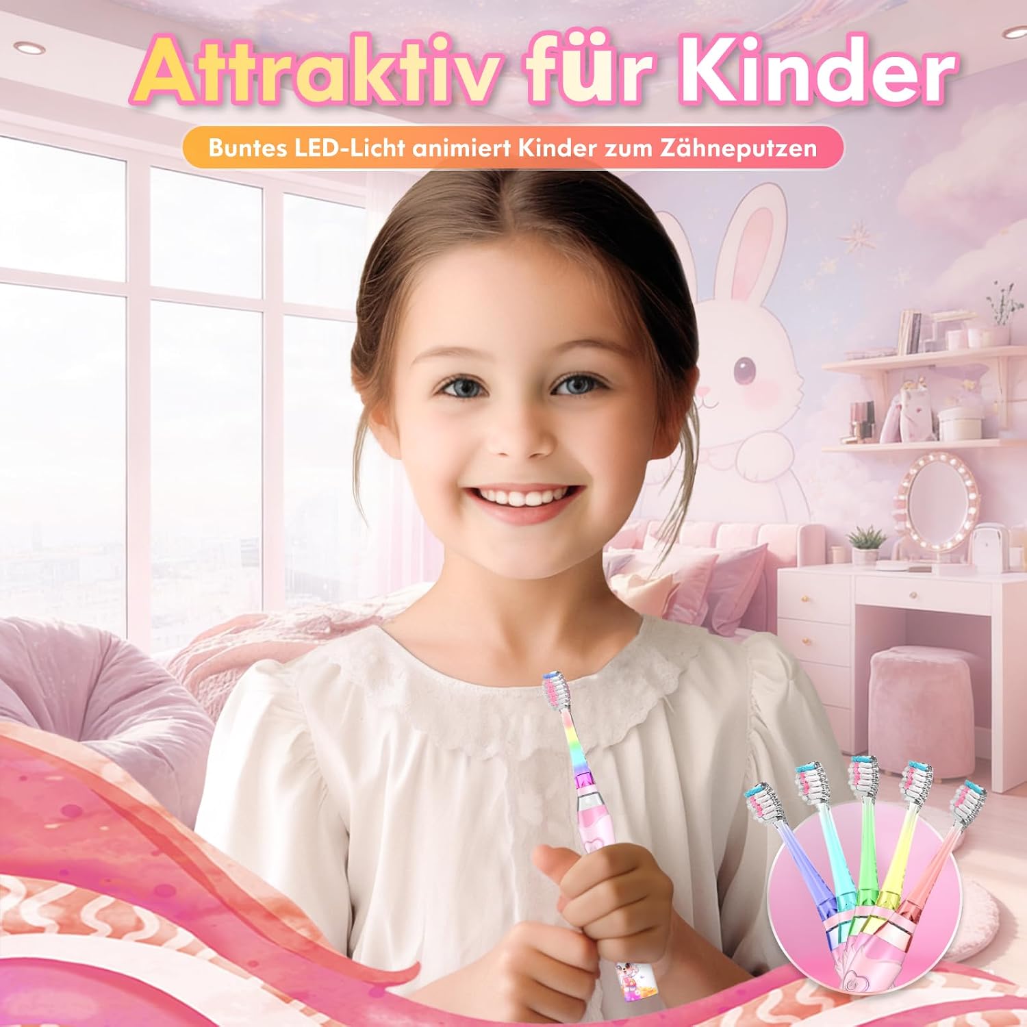 Thumbnail 1 de DADA-TECH Elektrische Zahnbürste für Kinder (rosa Kaninchen) ab 3–6–8–12 Jahren mit Regenbogen-LED & Timer