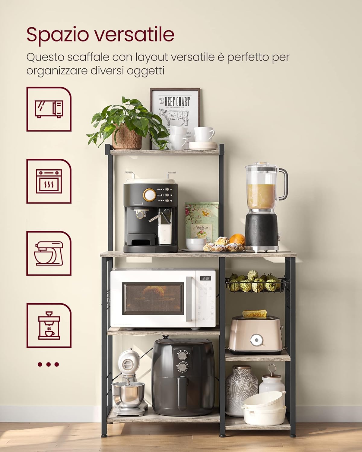 Thumbnail 6 de VASAGLE KKS035B02 Scaffale da cucina mobile con supporto microonde, cestino e 6 ganci Greige/Nero