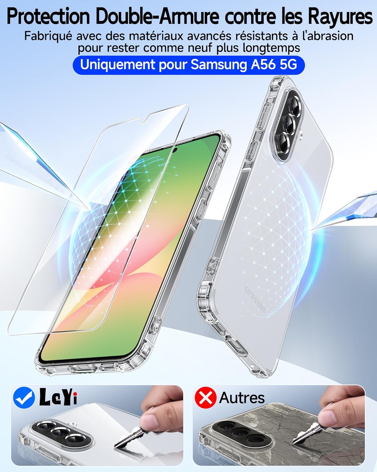 Thumbnail 3 de LeYi coque transparente avec verre trempé pour Samsung Galaxy A57 5G — protection 360° et bumper antichoc