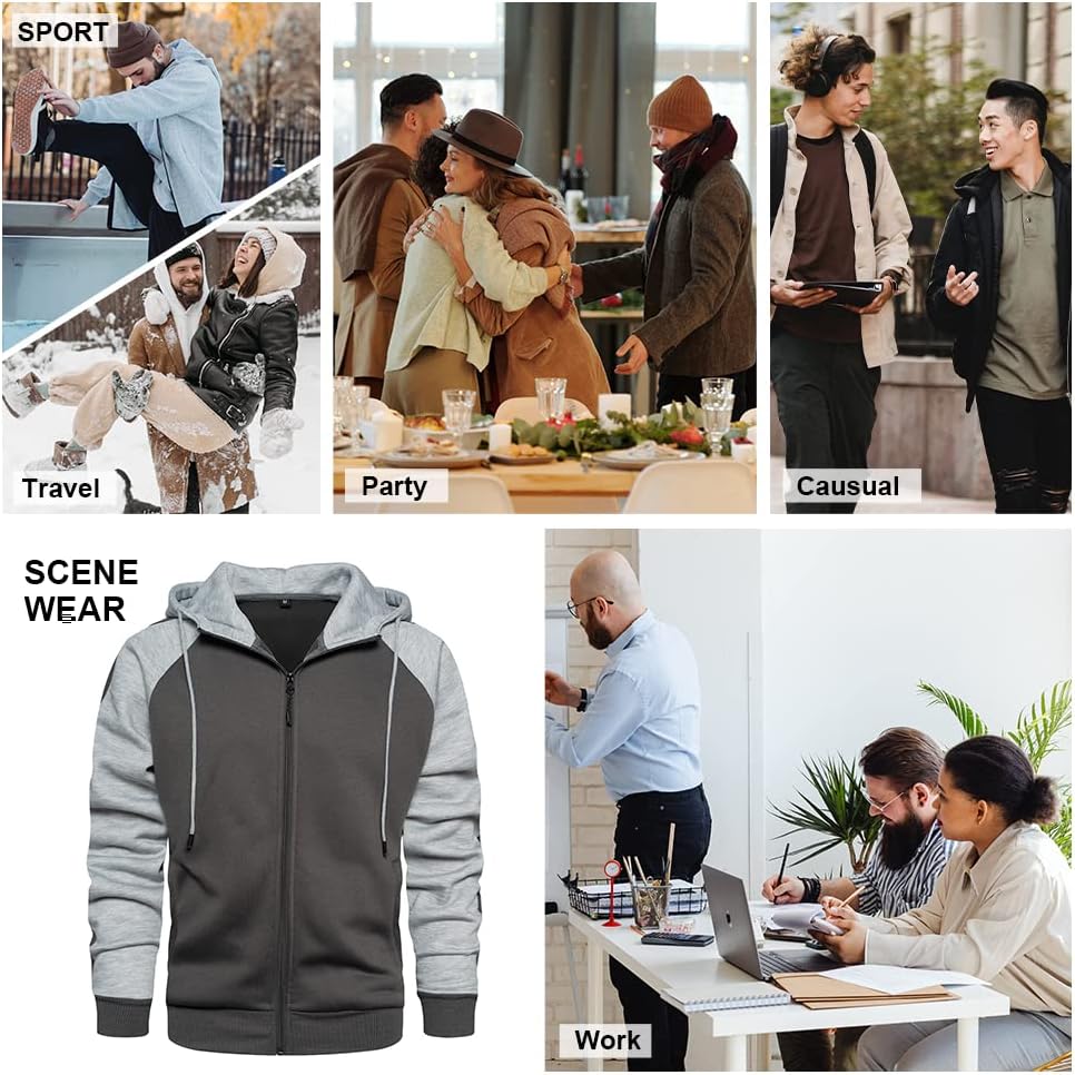 Detalle de Wirltte Men's Patchwork Zip Up Hoodie with Fleece – Winter Warm Hooded Jacket