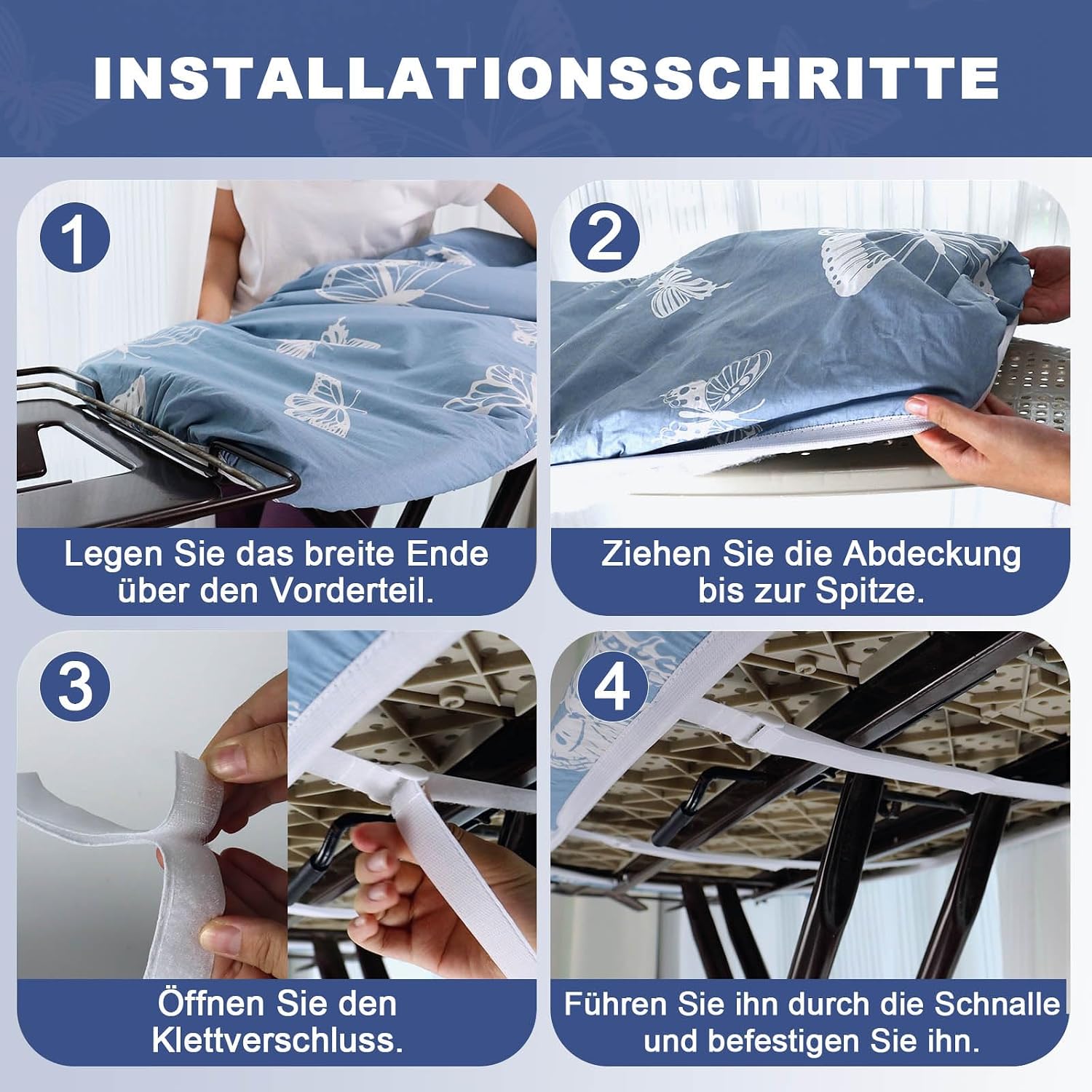 Detalle de Frilodge Bügelbrettbezug mit dicker Polsterung – passend für 120×40 bis 125×45 cm, Elastikband und Klettverschluss, Blau Butterfly