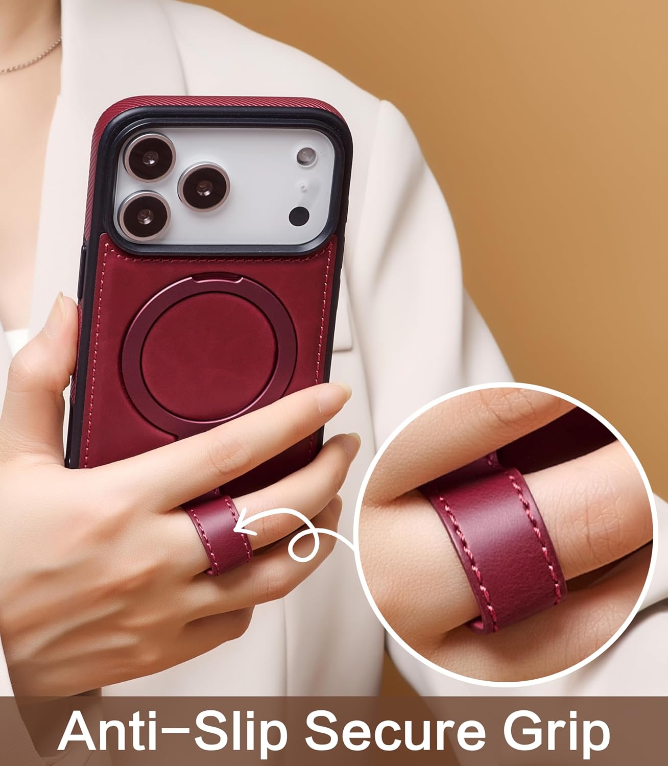 Detalle de BUTAIGA iPhone 17 Pro Max leather case with stand 6.9"