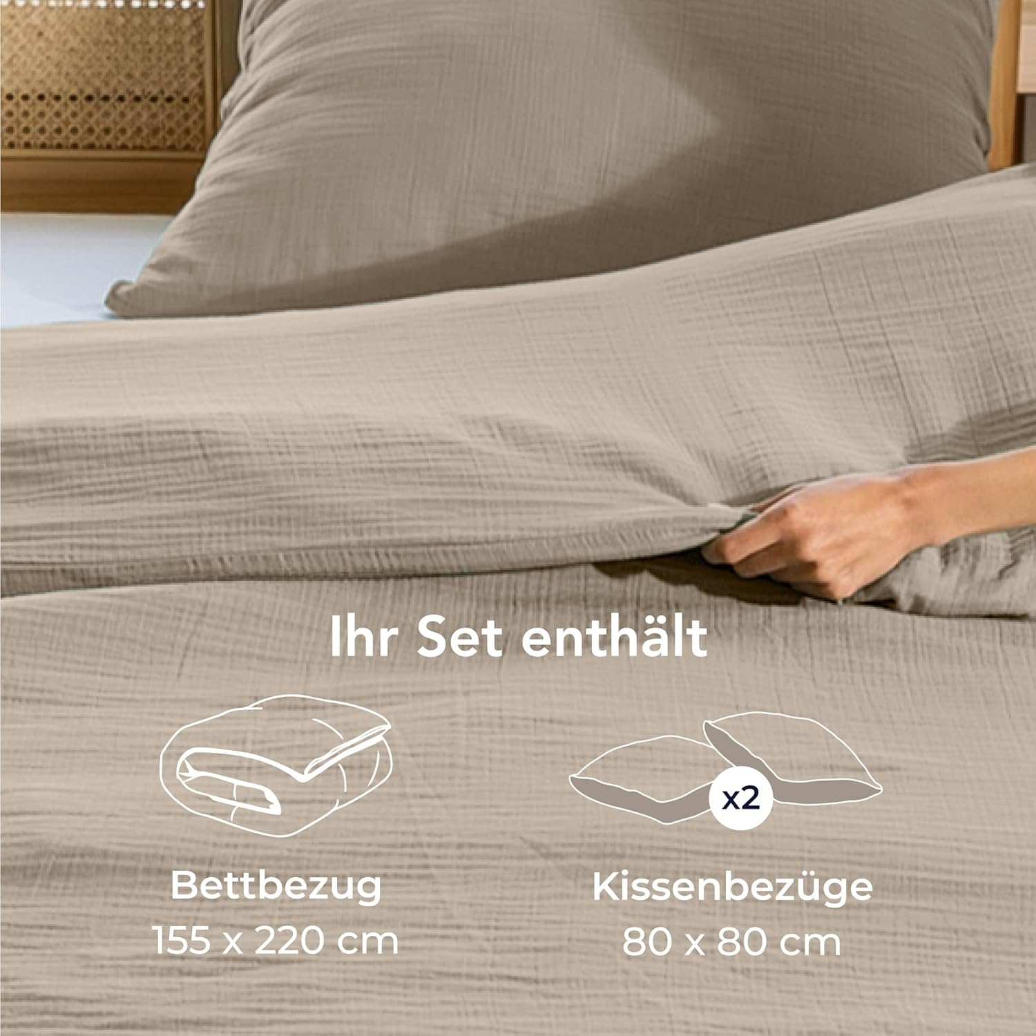 Thumbnail 6 de Dreamzie Musselin Bettwäsche 155x220 cm – 100% Baumwolle, Taupe, Set mit 1 Bettbezug und 2 Kissenbezügen 80x80, OEKO-TEX